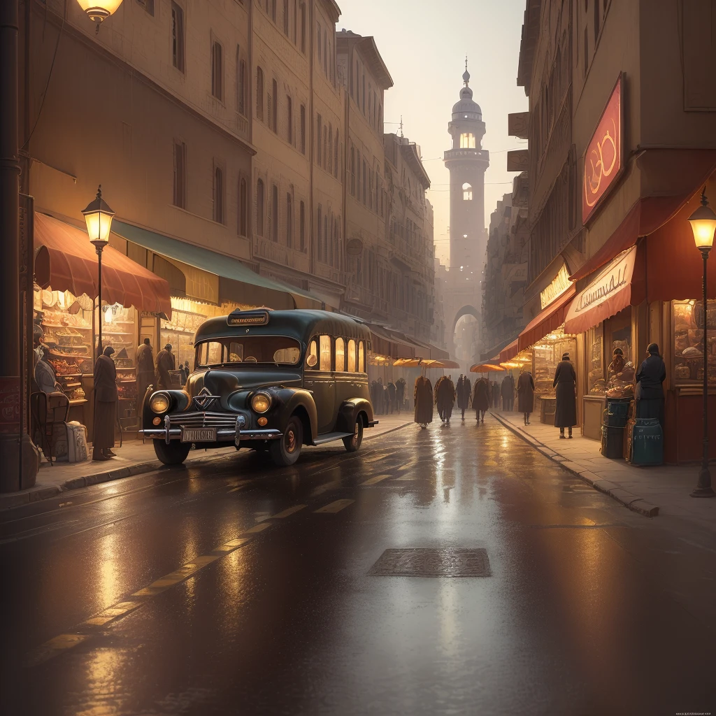 (masterpiece, best quality:1.2), ultra detailed, cinematic lighting, HDR, ilustration, corner store, rain, vending machine, no humans, night, scenery, outdoors, shop, convenience store, road, trash can, street, power lines, building, can, dark, coca-cola, sky, sign, motor vehicle, ground vehicle, utility pole, alley, lamppost, car , extremely detailed, realistic CG art, masterpiece), evoking the atmosphere of Cairo in 1950, featuring (nostalgic architecture, historic streets, traditional marketplaces, bustling crowds, vintage cars, intricate details), using (warm, vivid, and rich colors) to bring out the essence of the era.