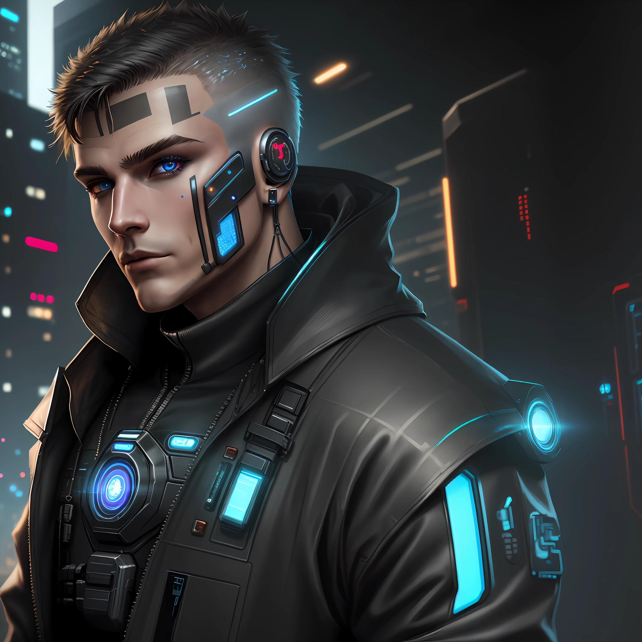 realistic detail full face of futuristic cyberpunk cyber man