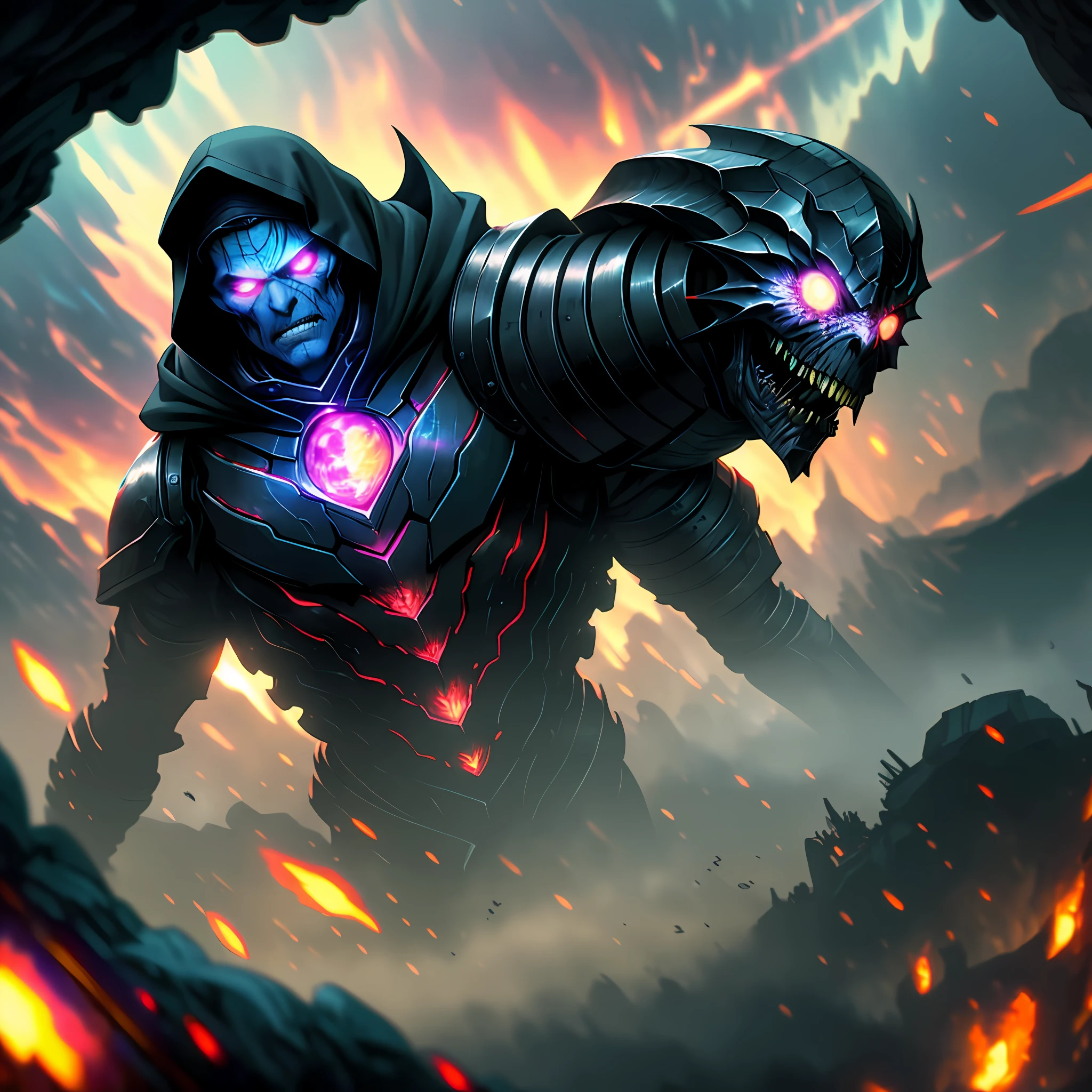 A battle worn dread necromancer crawls away from a massive dead psionic wyrm that nearly took his life, widow's peak, hood up, hollow eyes, bloodshot eyes, gloom (expression), flustered, heavy breathing, high detail, Pointillism, depth of field, cinematic lighting, chromatic aberration, ray tracing, backlighting, blending, bloom, fisheye, atmospheric perspective, 85mm, jpeg artifacts, chromatic aberration, reflection light, dithering, motion blur, film grain, image fill, wide shot, anatomically correct, super detail, masterpiece, 8k