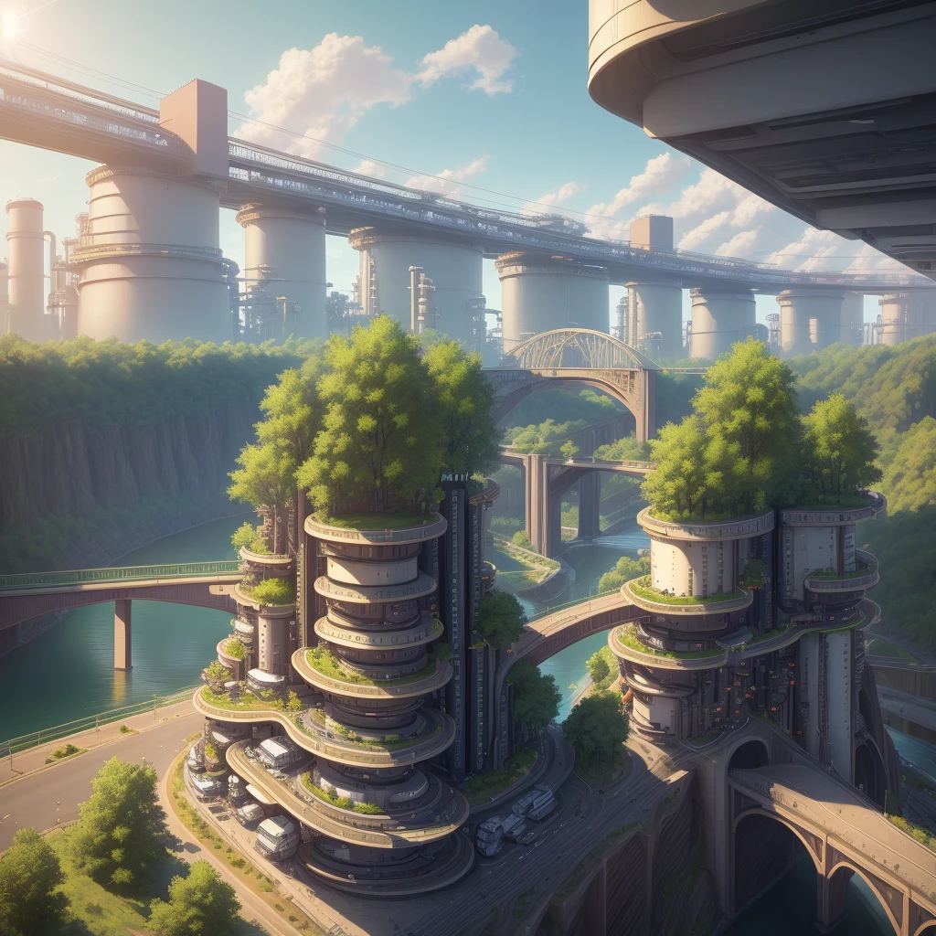 solarpunk city, bridges, deep ravine rift in the middle, semi-detached streets, reactors, creator, oil refinery, cars, sunny days, contemporary architecture, masterpiece, best quality, high detail, hyper realistic, 8k, rendered, photo realistic