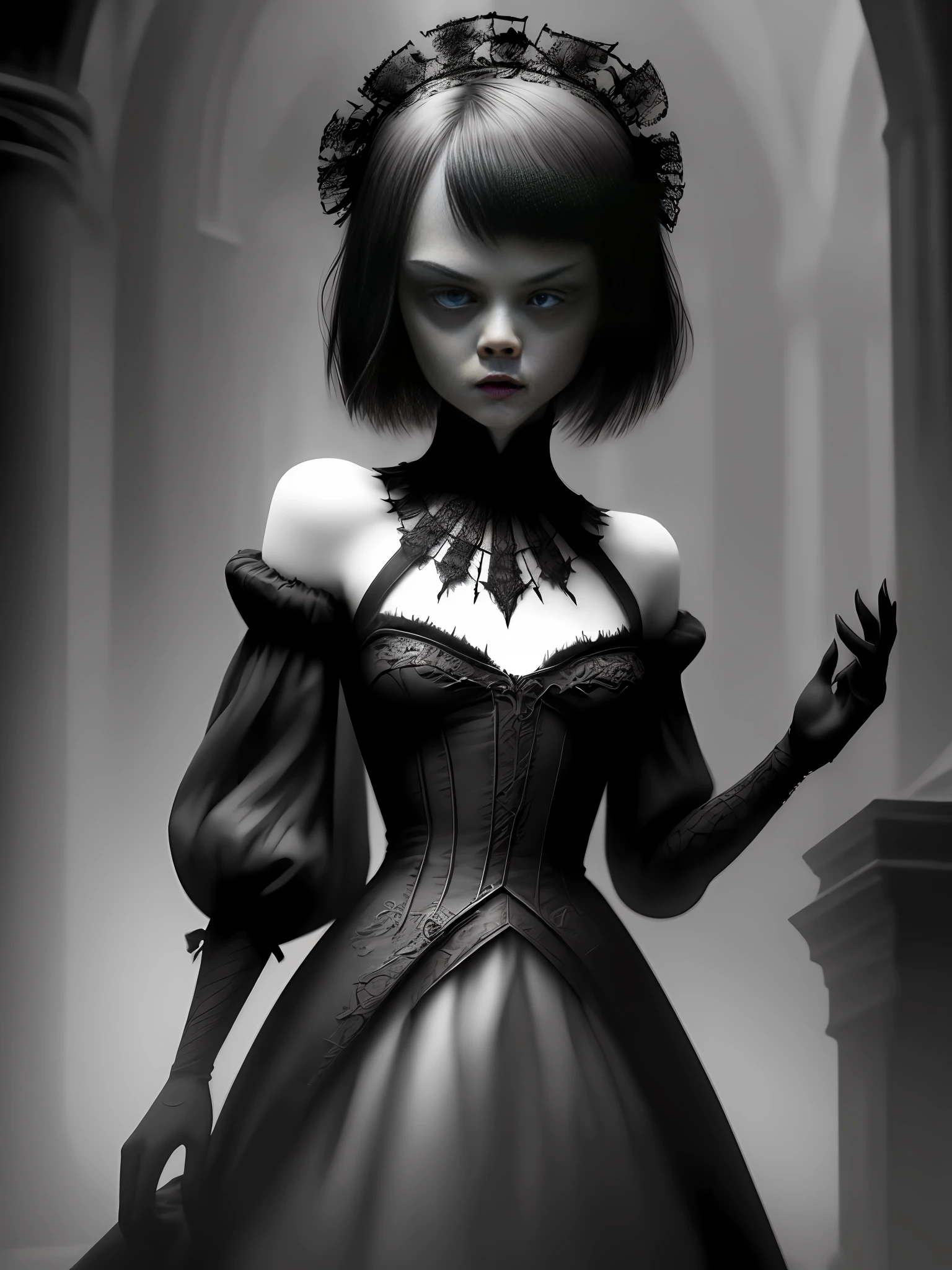 Create captivating 3D art, Elle Fanning, gothgirl, Christina Ricci's face, majestic and supernatural. Explore twisted shadows, Gothic architecture, and supernatural beings with supernatural powers. Set the stage with a sinister atmosphere and dark monochromatic tones, while incorporating intricate details that provoke thought and engage the imagination. Use ambient rendering techniques to bring the scene to life and deliver the artwork in a 64K resolution for an immersive and visually stunning experience. Let your creation transport viewers to a captivating narrative that blurs the boundaries between reality and the fantastic. --Fantasy style --