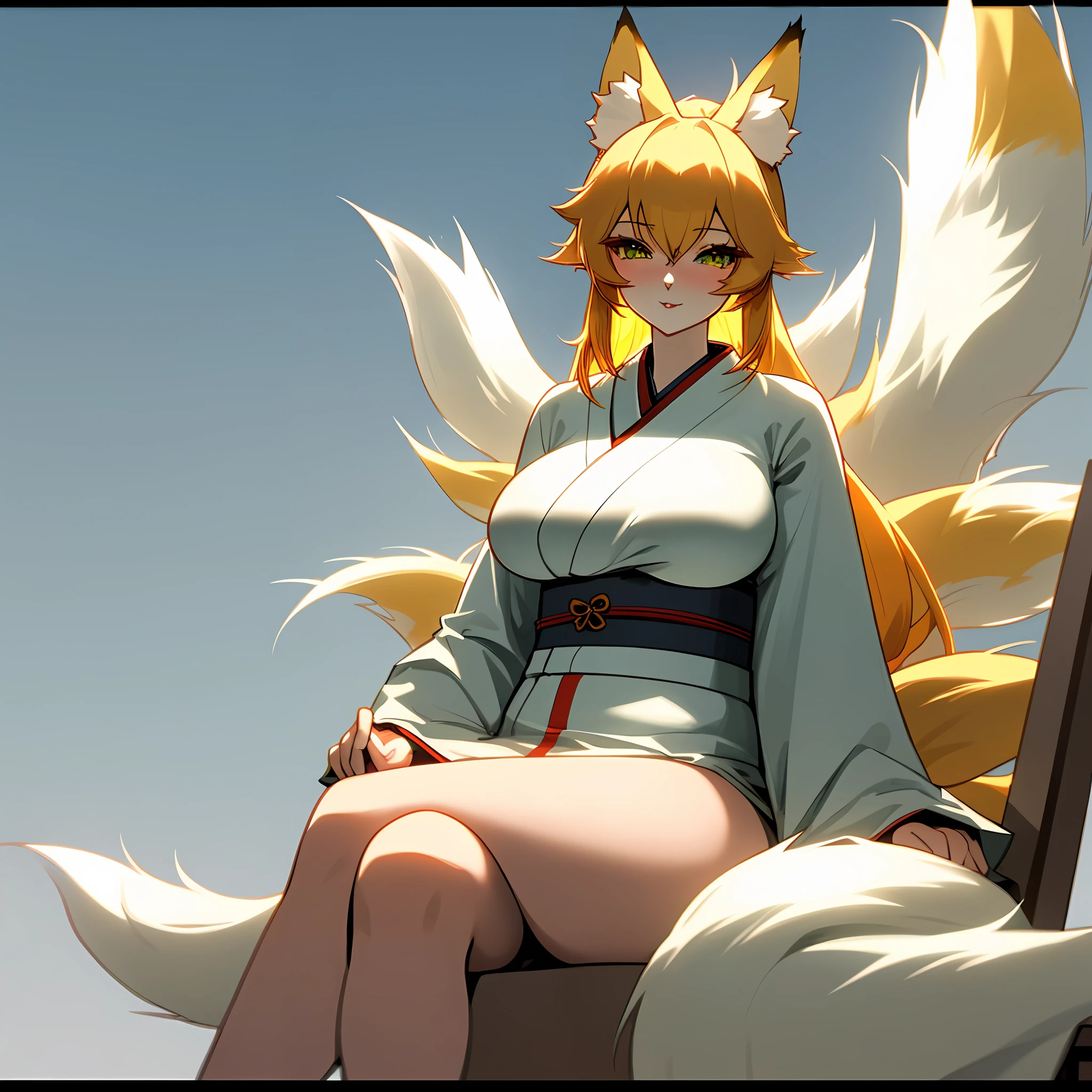 A tall kitsune with yellow hair, fox ears and wearing a gray kimono. She has big breasts, beautiful thighs and a very tall body, and she has a milf look on her face. Her arms are crossed under her breasts and her fluffy fox tail is to her side, and her fox ears are raised, and her eyes are green. She is sitting on a chair while having her legs crossed, and she is alone