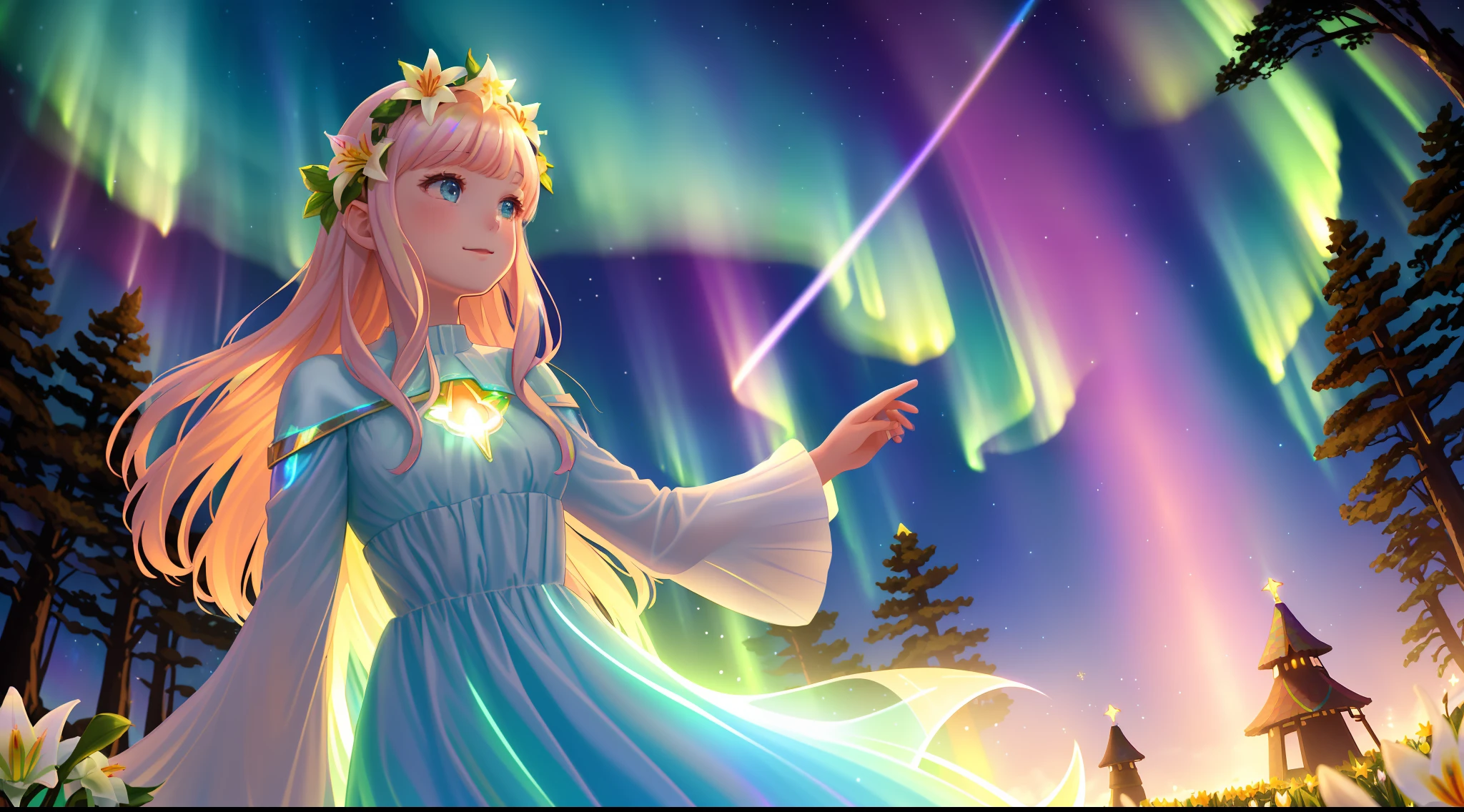 Spring, girl, find, 4 elementals, save the world, Aurora, Lily, Lady Elora, forest, village, woman, long hair, sunlight, medium breasts, iridescent dress, bright stars, a digital illustration, bright stars, fraction peaks, chromatic aberration, flower E (bright, holofoil: 0.6), sunset