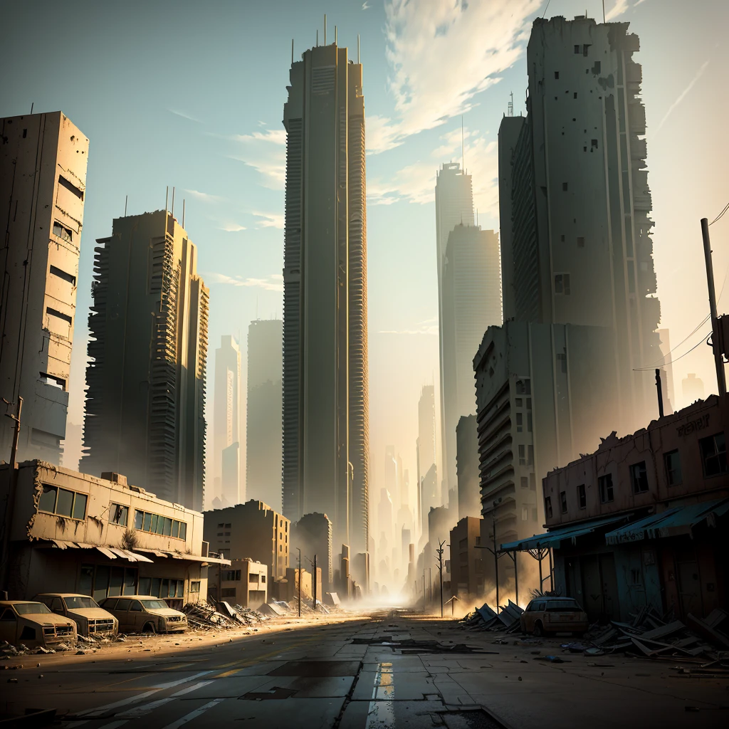 post-apocalyptic district,ruined outdoor cityscape,post-apocalyptic atmosphere