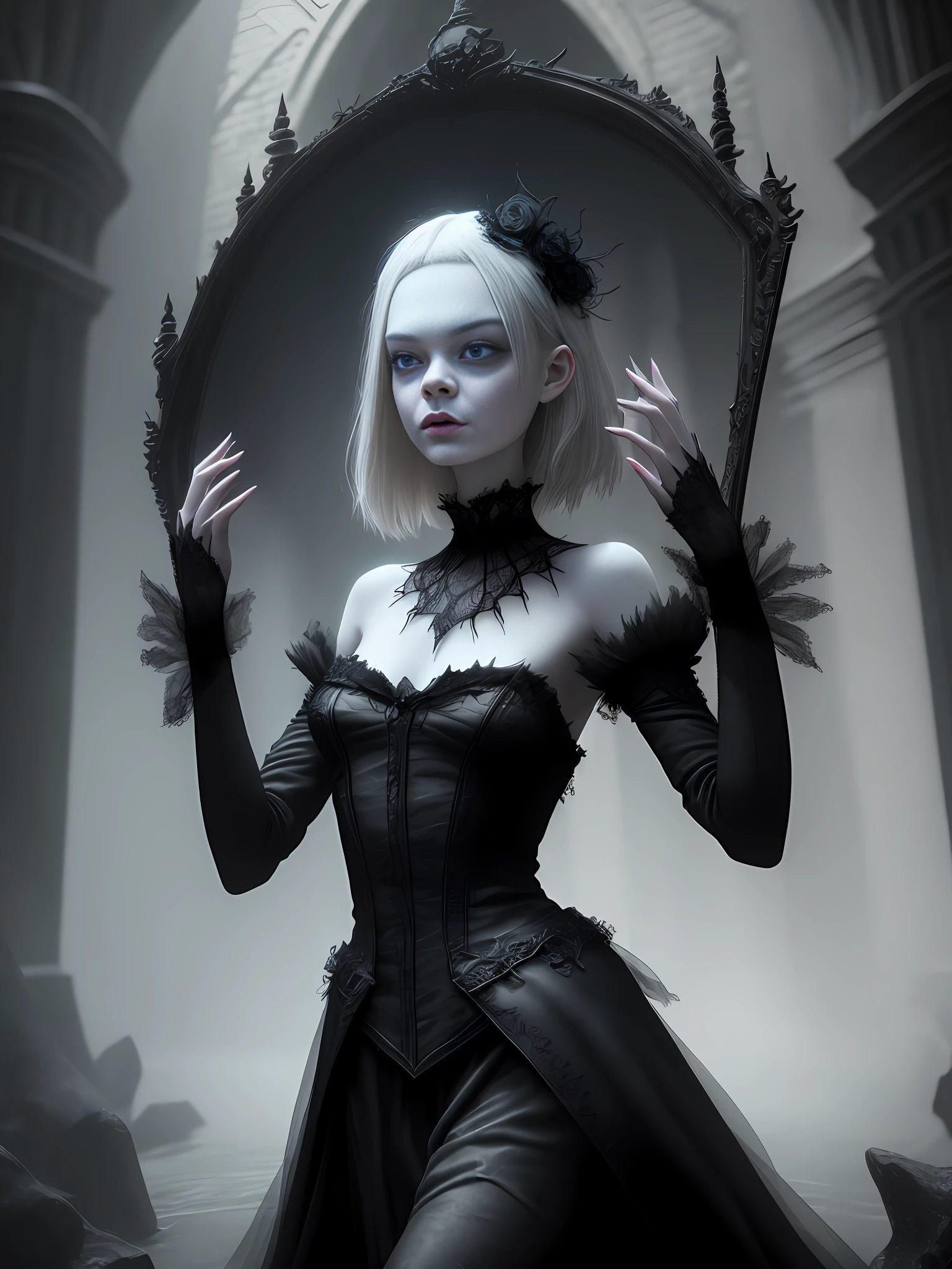 Create captivating 3D art, Elle Fanning, gothgirl, majestic and supernatural. Explore twisted shadows, Gothic architecture, and supernatural beings with supernatural powers. Set the stage with a sinister atmosphere and dark tones, while incorporating intricate details that provoke thought and engage the imagination. Use ambient rendering techniques to bring the scene to life and deliver the artwork in a 4K resolution for an immersive and visually stunning experience. Let your creation transport viewers to a captivating narrative that blurs the boundaries between reality and the fantastic. --Fantasy style --