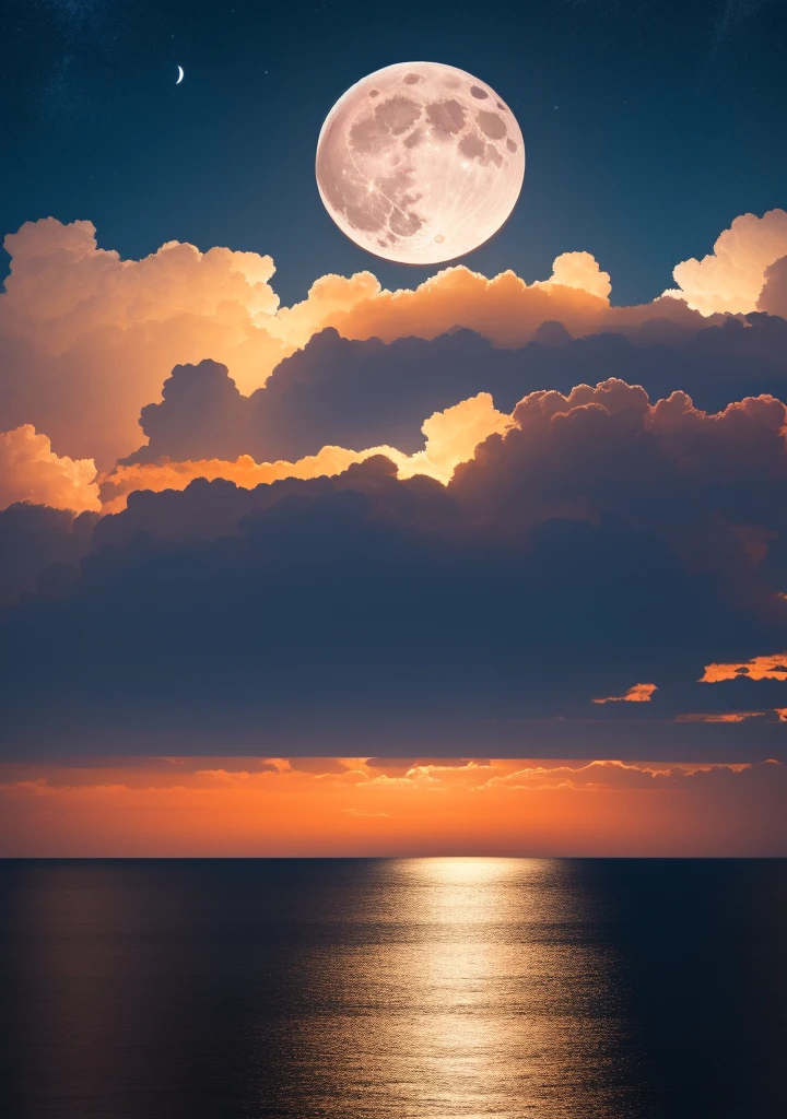 big full moon, horizon line, calm sea illuminated by moonlight, cloud, best quality, high definition, uhd, 8k, masterpiece