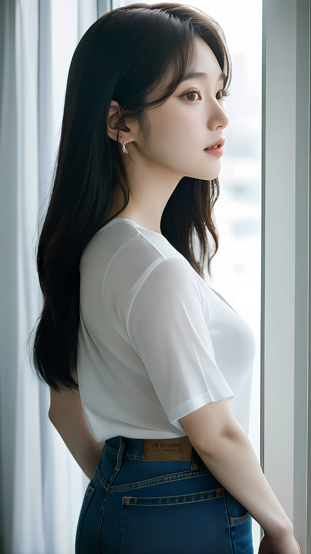 realistic photos of (1 cute Korean star), hair behind ear, thin makeup, medium breasts size, shirt and jeans, looking out the window, clear facial features, high resolution, sharp and realistic details, RAW, from behind, Sony FE, f/2.8, 85mm, cinematic lighting