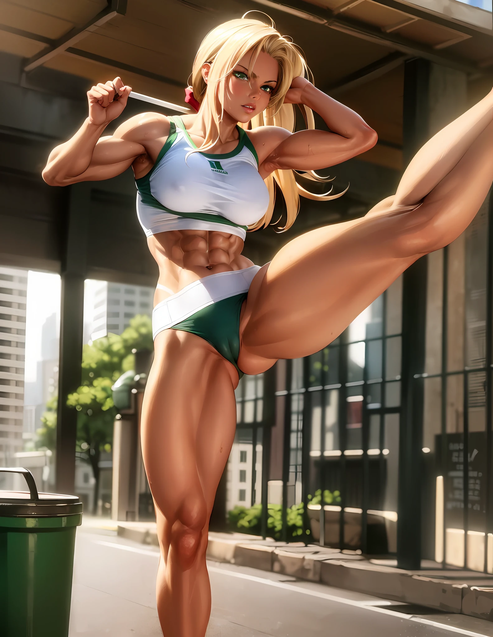 "Masterpiece, high quality, detailed, high resolution, 4k, 8k, realistic skin texture, amazing shadows, perfect lighting, hyper-realistic." A woman (blonde hair, tanned white skin, toned abs, green eyes), loose gym clothes, kicking a trash can, dirty detailed city on background, 80's city