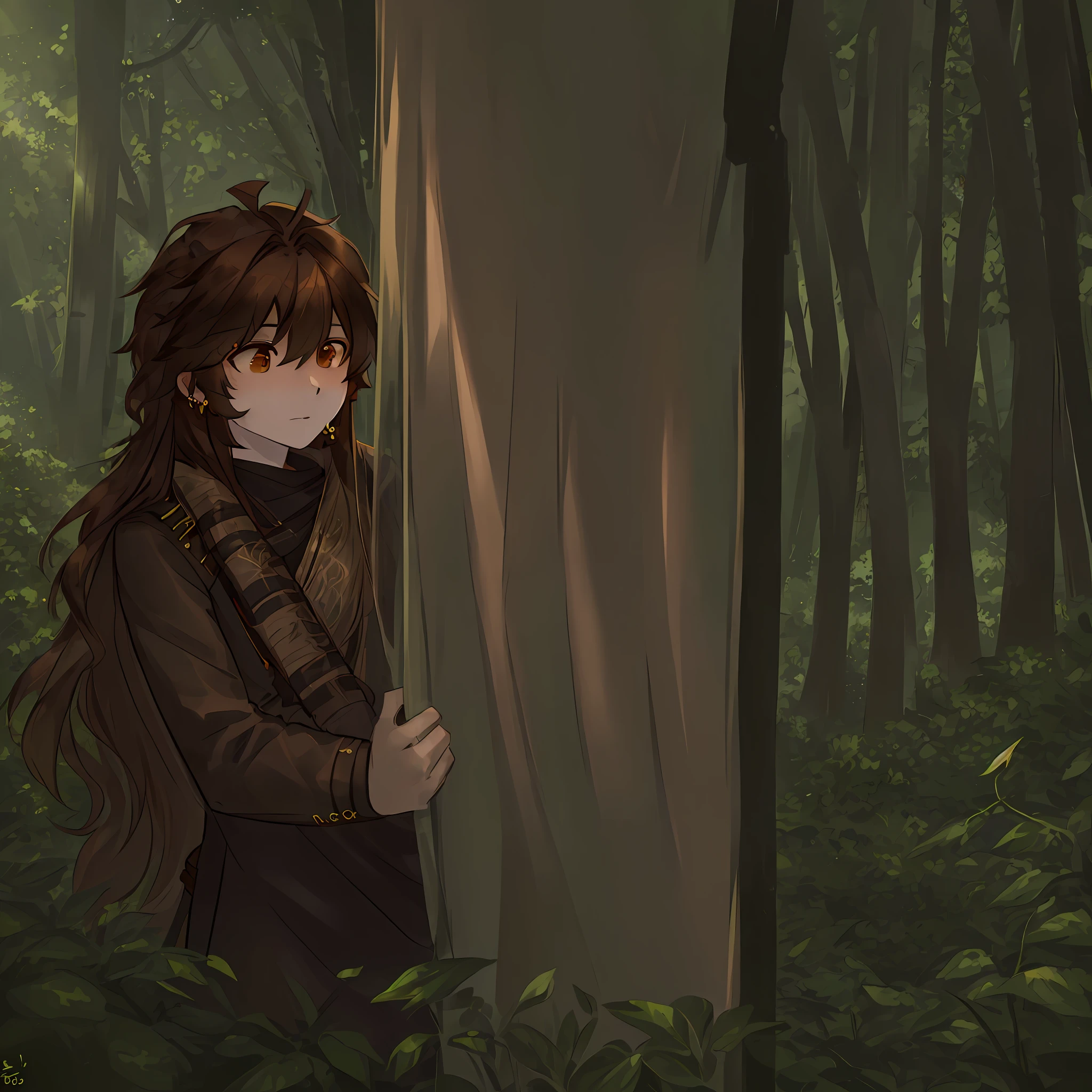 Here are three optimized prompts based on the given text:
1. As the world's deadliest sniper, Elsu lurks in the forest, his long hair blending seamlessly with the leaves. (forest, sniper, brown hair, long hair)
2. Elsu, the renowned sharpshooter, disappears into the depths of the forest. Only his piercing brown eyes are visible, peering through the foliage. (sniper, forest, brown eyes, piercing gaze)
3. The forest echoes with the sound of rustling leaves as Elsu, the world's top sniper, takes aim. His brown hair billows in the wind as he waits patiently for his prey. (sniper, forest, brown hair, wind)