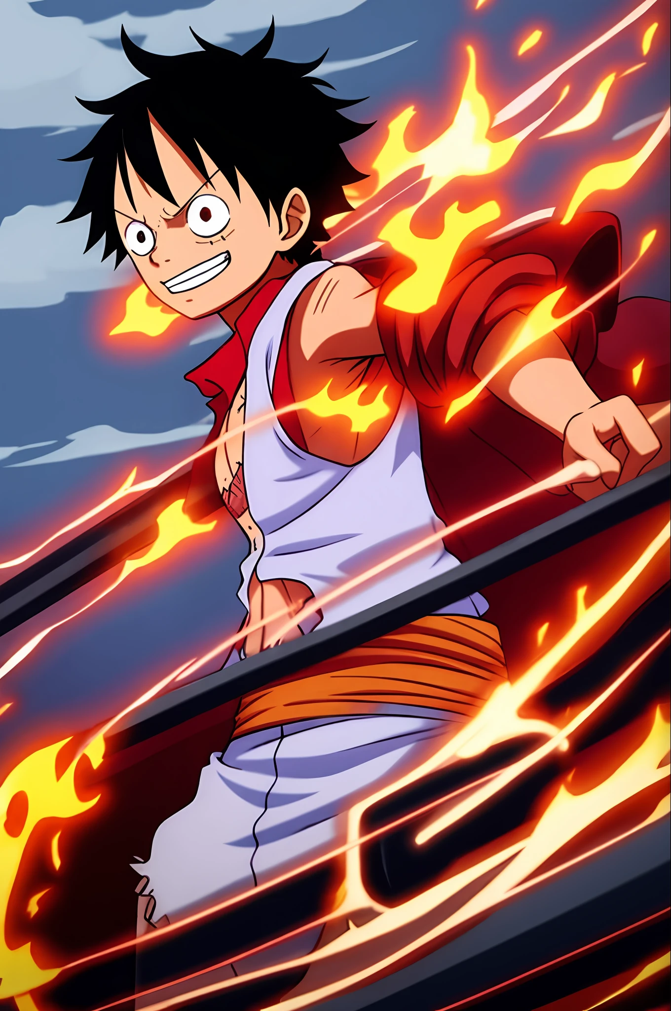 ((amazing)) of Captain Luffy from One Piece, with an animation style that harks back to the cartoon traits used by the animators of the series. The scene takes place in a nocturnal setting, where flames dance behind Luffy. His smile is infectious, brimming with joy and confidence as he faces challenges with determination. Luffy's extremely white hair is in motion, adding dynamism to the scene. His red pupil stands out in contrast to the surrounding darkness. The cloud-shaped smoke vest, similar to the one seen when he uses the Gear 4, wraps around his body, contributing to the image's unique atmosphere. The intensity of her white and light clothes, highlighting her fearless personality. The image is rich in detail and expresses Luffy's exuberance as he has a lot of fun in his nightly adventures. Convey the essence of the original work and delight One Piece fans with this stunning profile picture." ((Work of art)) ((high quality))
