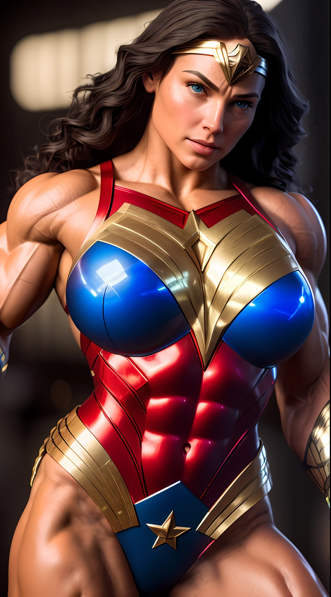 Cinematic soft lighting illuminates a stunningly detailed and ultra-realistic Wonder Woman bodybuilder, muscular, red and blue armor, that is trending on ArtStation. Octane is the perfect tool to capture the softest details of this 16k photography masterpiece