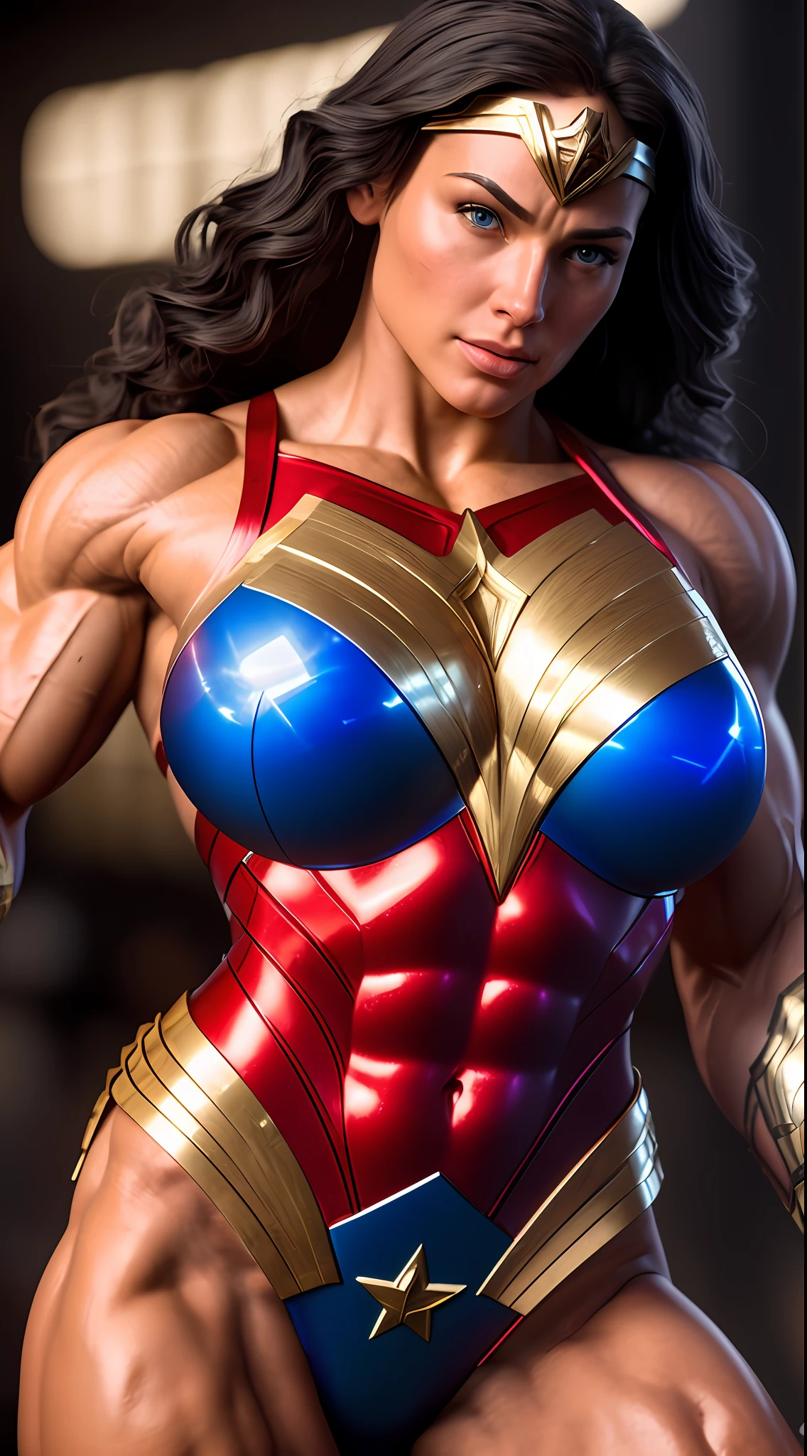 Cinematic soft lighting illuminates a stunningly detailed and ultra-realistic Wonder Woman bodybuilder, muscular, red and blue armor, that is trending on ArtStation. Octane is the perfect tool to capture the softest details of this 16k photography masterpiece