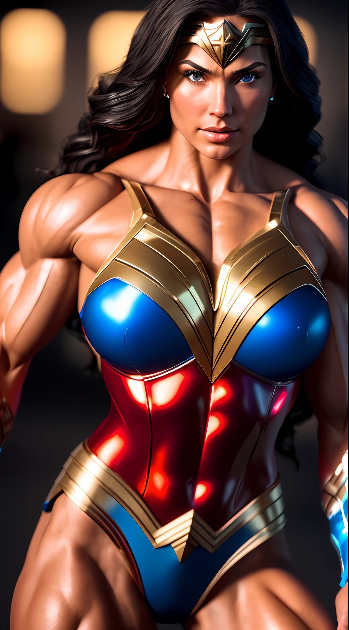 Cinematic soft lighting illuminates a stunningly detailed and ultra-realistic Wonder Woman bodybuilder, muscular, red and blue armor, that is trending on ArtStation. Octane is the perfect tool to capture the softest details of this 16k photography masterpiece
