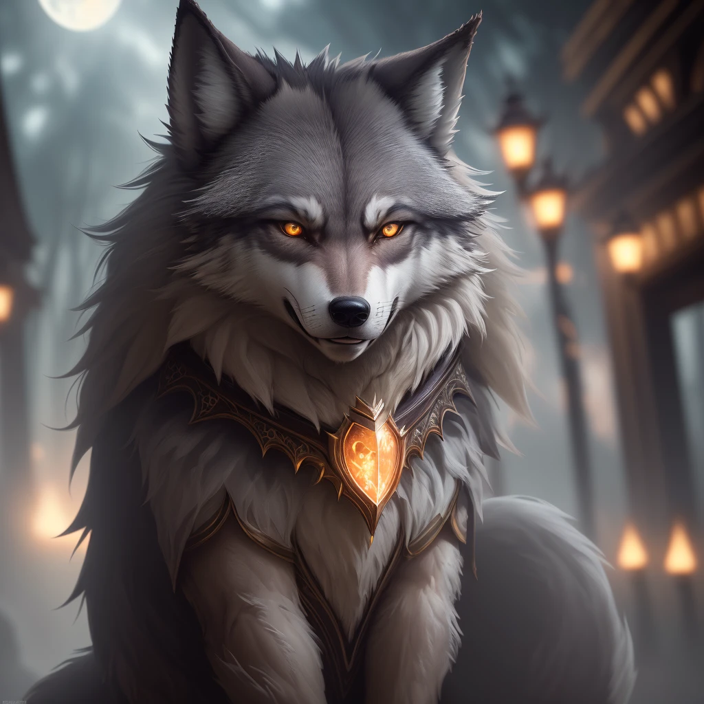 ((Werewolf Gray Wolf)), D&D, art station, fantasy, cinematic lighting, centered, symmetrical, highly detailed, digital painting, concept art, smooth, sharp focus, volumetric lighting, epic composition, 8k, cgsociety, (detailed fur), standing in the middle (Enchanted Forest: 1.2), epic fantasy character, fantasy art, shadows, contrast, texture, realism, high quality, insane details, intricate details, hyper-detailed, soft  Cinematic Light, Adobe Lightroom, Photo Lab, Sophisticated, High Detail, Muted Colors, Hyper-Detailed, 4K, 8K, 16K, UHD, High Resolution, (8K Wallpaper), Film Photo, Noise Reduction, F 5.6, 85mm, Stunning Photography, Dynamic Layout, Cinematic, Shallow Depth of Field, Sharp Focus, Ultra-Realistic, Detailed Background, ((Illustration)), (Masterpiece))), ((Best Quality)), (High Resolution), Photorealistic, Professional  lighting, bright, realistic proportions, 35mm, 1/1250 sec., f/2.8, ISO 400, photography, eye detail, eye contact,(beautiful brown detailed wolf eyes),((illustration)),(looking at the viewer), ((night sky)),(fantasy)), ray tracing,((glowing particles in the air)), deep shadow, bright colors, bright details, moonlight, beautiful fur, portrait, beautiful paws, animal, cheerful, joyful, in robber costume, clothes,  black nose, inner ear fluff, mustache, dressed, solo, plant, wood, detailed background, 3d rendering of sci-fi baroque concept design of anatomically correct wolf, hyperrealism, deep color, fantastic, complex details, complementary colors, concept art, trending art. 8k, colored halftones and shadows with detailed drawing; super 3D effect; bright and natural colors, artgerm + Greg Rutkowski + Simon Stalenhag style, Midjourney v5 + Lexica quality