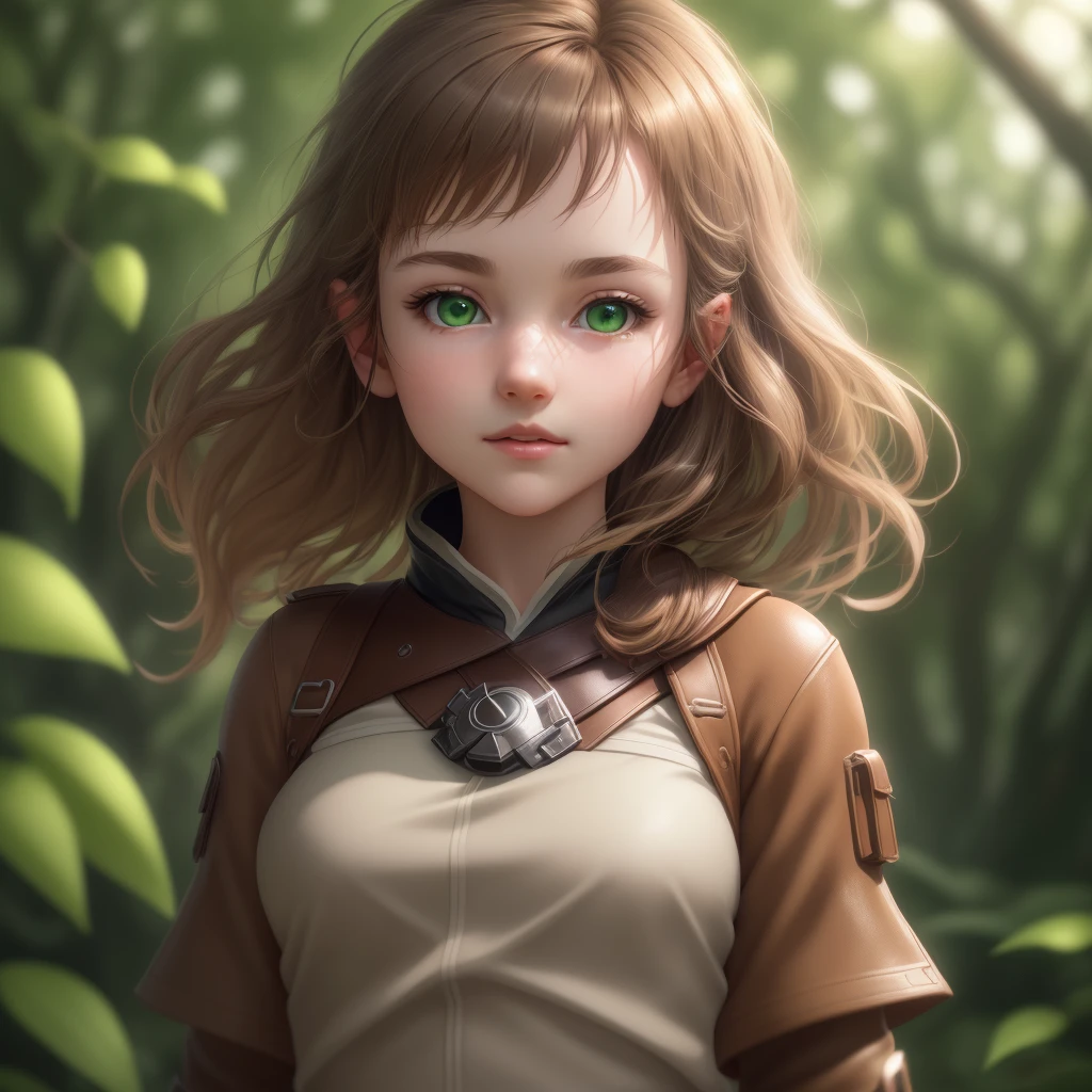 (extremely detailed CG unity 8k wallpaper, masterpiece, best quality, ultra-detailed),(better lighting, better shadow, extremely delicate and beautiful), floating,
[((1girl)), brown hair, green eyes, cute face, neck bandana, leather jacket, dynamic pose, close-up, dark forest, volumetric light, creeping plants]
