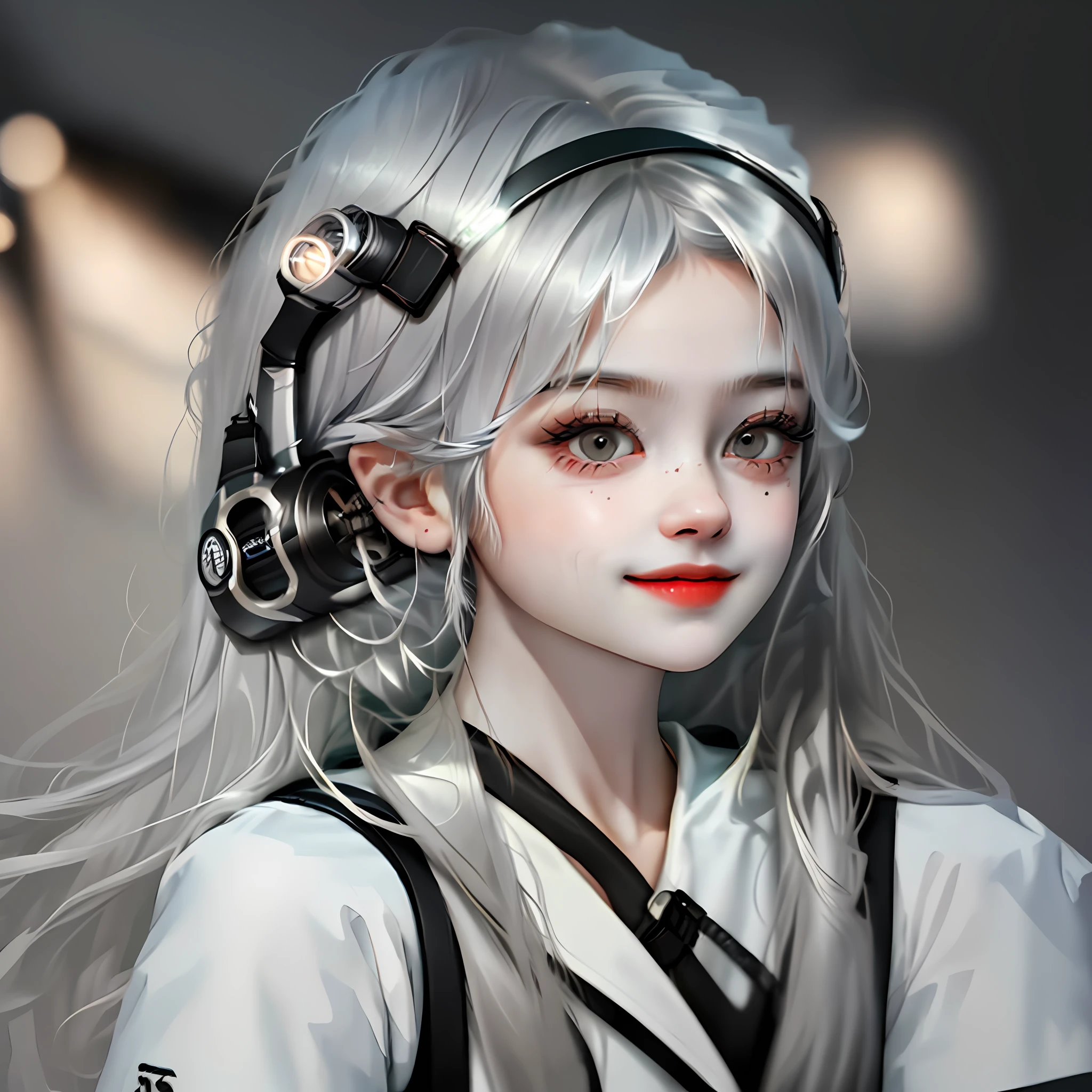Little girl, ultra HD, textured skin, gray hair, ribbon, goggles pinned to her head, crazy eyes, light smile