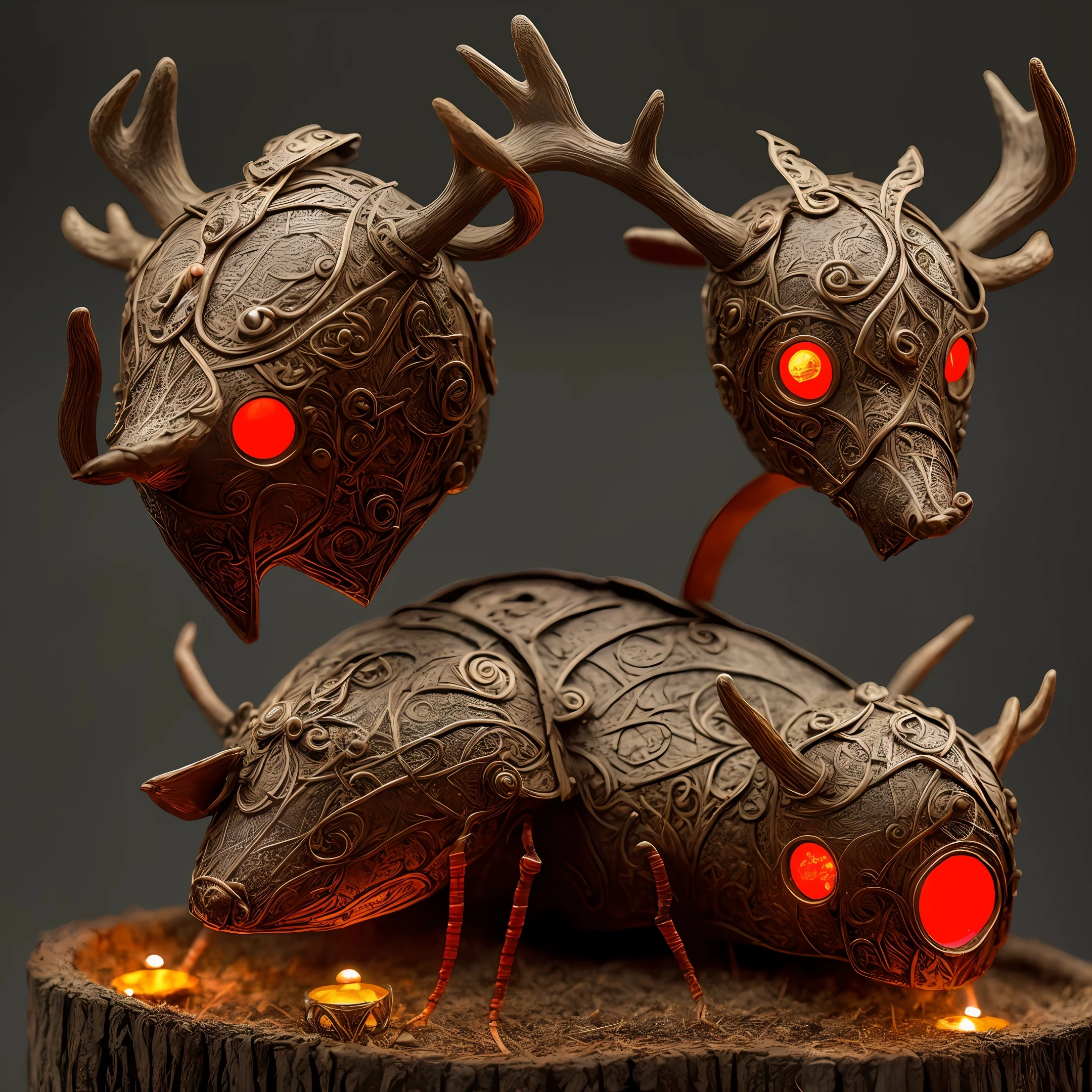 fantasy, old viking helmet made into an ant home, with majestic deer on top with glowing red eyes