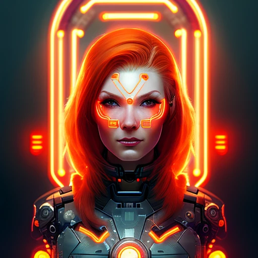 cyborg woman, orange hue hair, neon, full color, concept art, digital art.