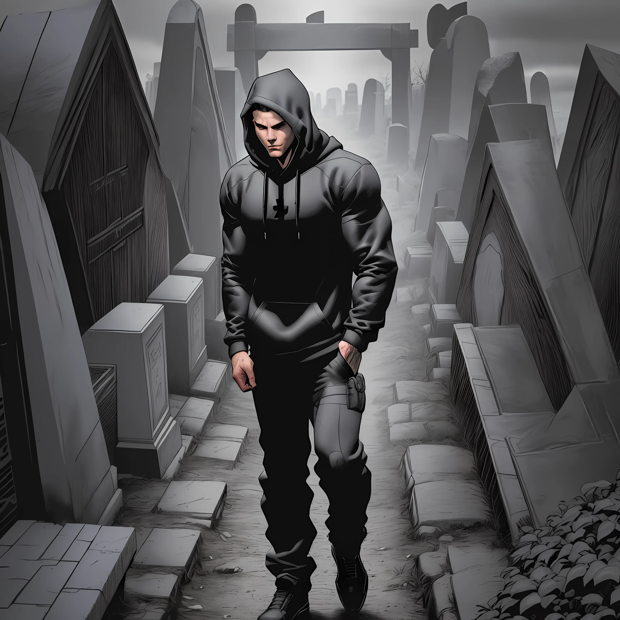 best quality, male character standing in cemetery, short hair, black, comic style, detail-oriented, western comic style, full body, wearing a gray hoodie, gray sweatshirt, gray hoodie, hood, wearing hood, wearing a hood, open gray hood, wearing a hood, black hood, in gunmetal gray, light gray hood open, in a hood, dark gray, wearing a black sweatshirt,  wearing sweatshirt, hoodie, front view