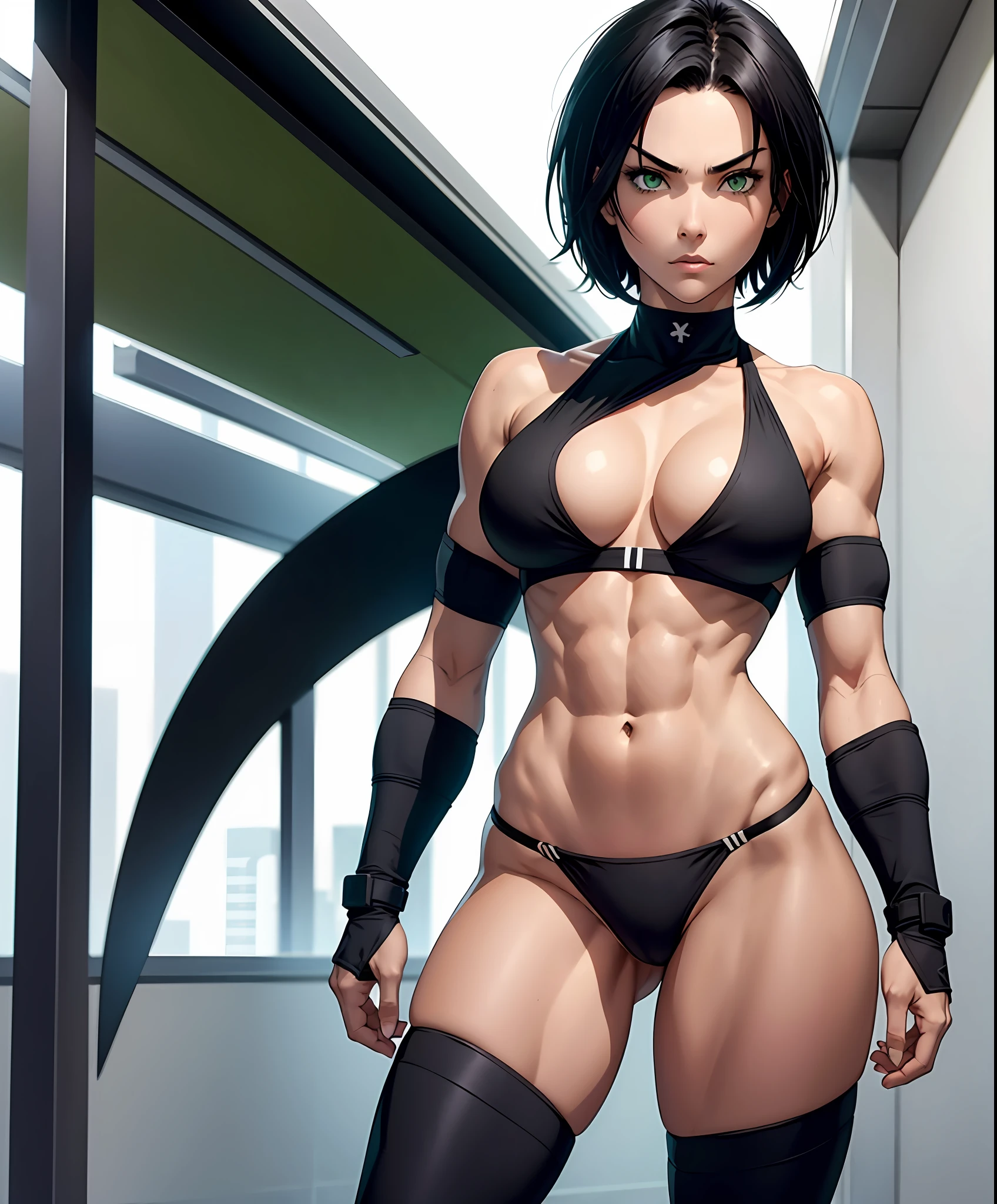 a ninja, pretty face, serious face, short black hair, green eyes, perfect body, fit body, abdomen, big breasts, muscular, small thong