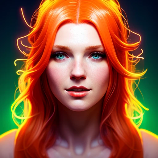 Woman, orange hair, neon, full color, concept art, digital art.