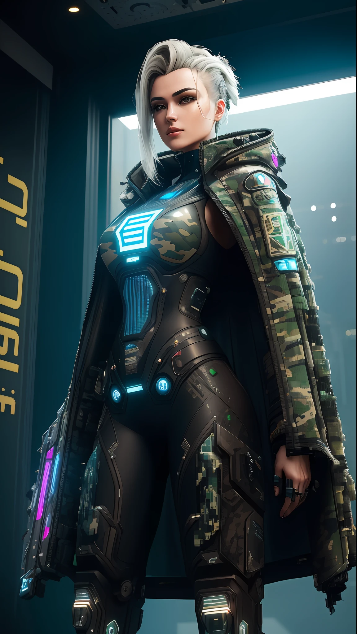 ((Best quality)), ((masterpiece)), (highly detailed:1.3), 3D, beautiful (cyberpunk:1.2) special forces, robort,female with thick voluminous hair wearing (wearing camouflage_uniform:1.1), body armour,cape,digital (camouflage:1.3),HDR (High Dynamic Range),Ray Tracing,NVIDIA RTX,Super-Resolution,Unreal 5,Subsurface scattering,PBR Texturing,Post-processing,Anisotropic Filtering,Depth-of-field,Maximum clarity and sharpness,Multi-layered textures,Albedo and Specular maps,Surface shading,Accurate simulation of light-material interaction,Perfect proportions,Octane Render,Two-tone lighting,Wide aperture,Low ISO,White balance,Rule of thirds,8K RAW,Efficient Sub-Pixel,sub-pixel convolution,