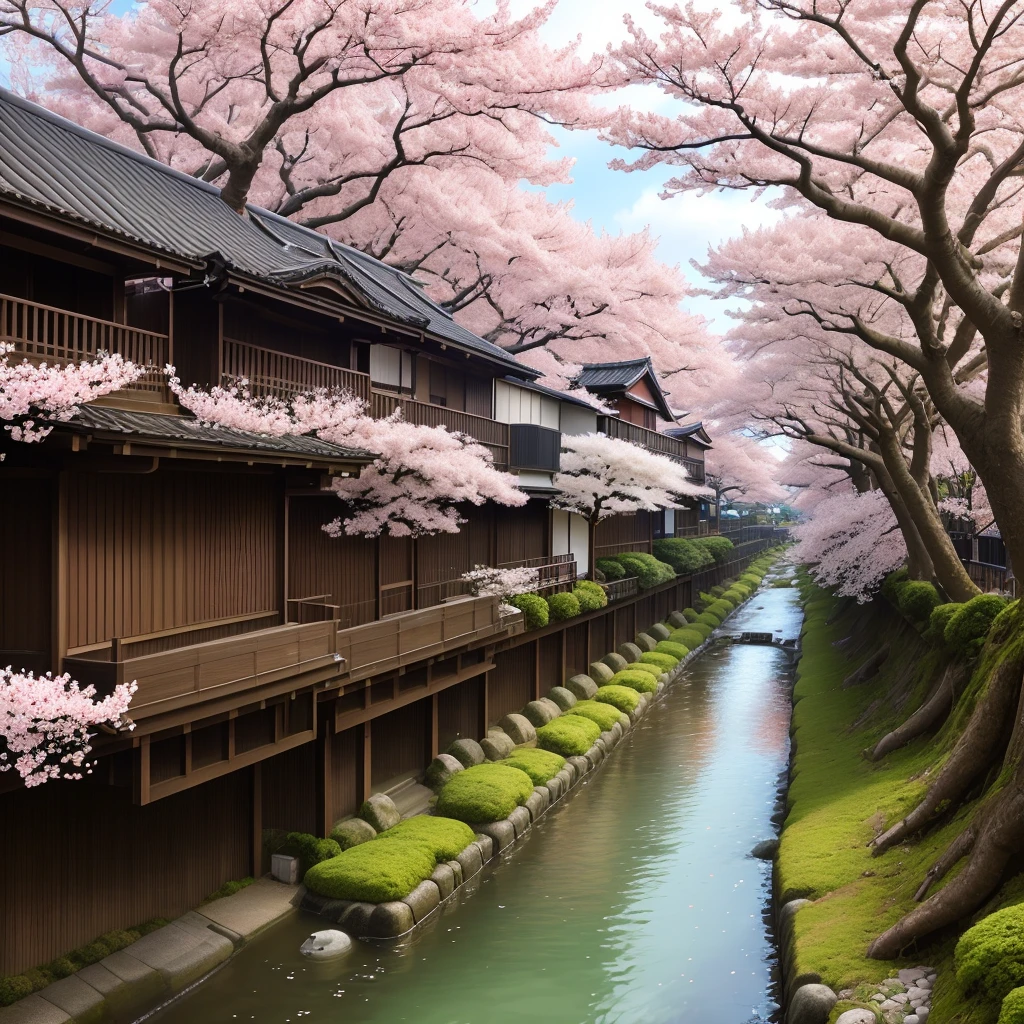 Cherry blossoms above a stream in the Tsuzuki neighborhood of Yokohama, Japan