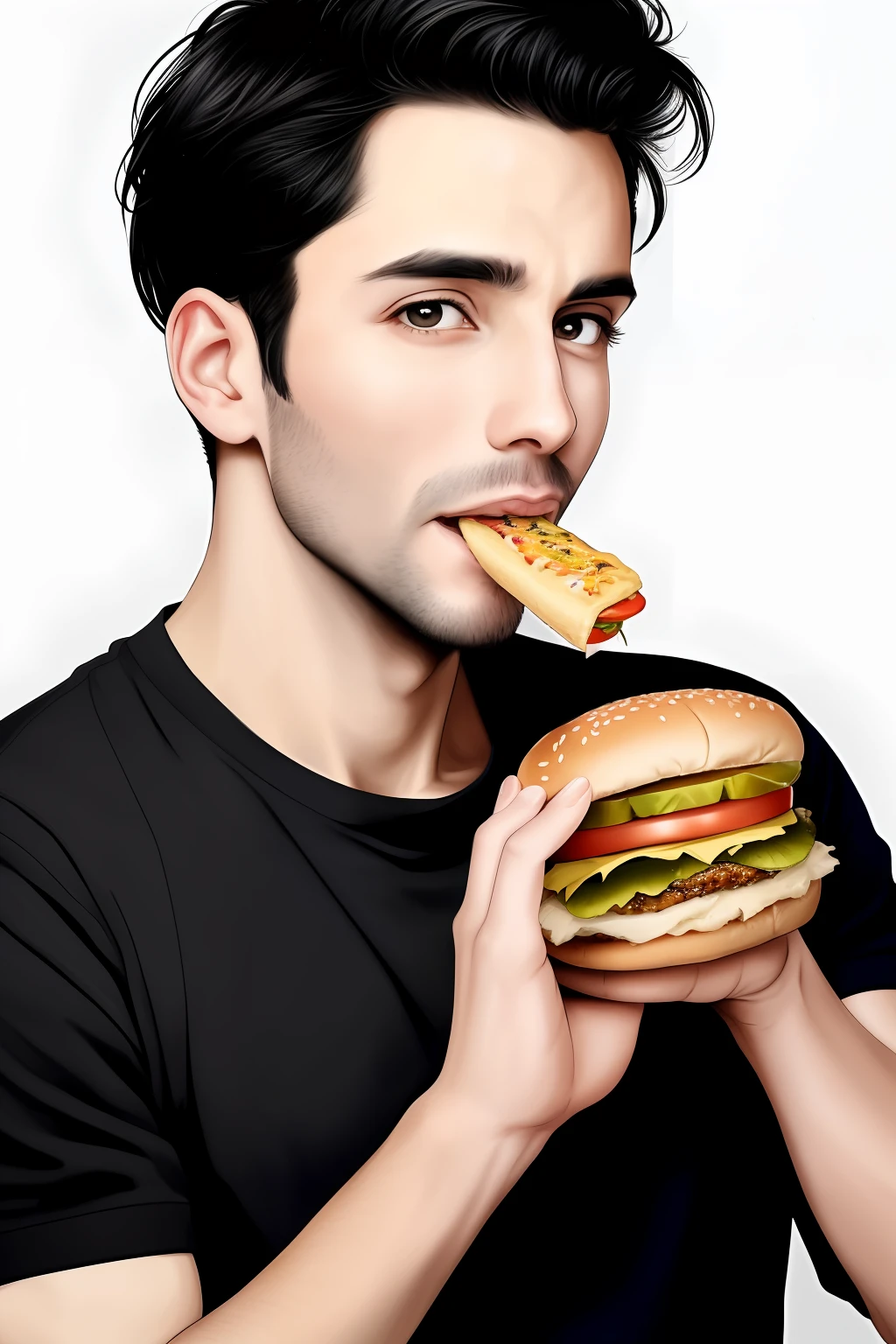 realistic style, 32 years old young man, black hair, white skin tone, no beard with smooth face, eating hamburger