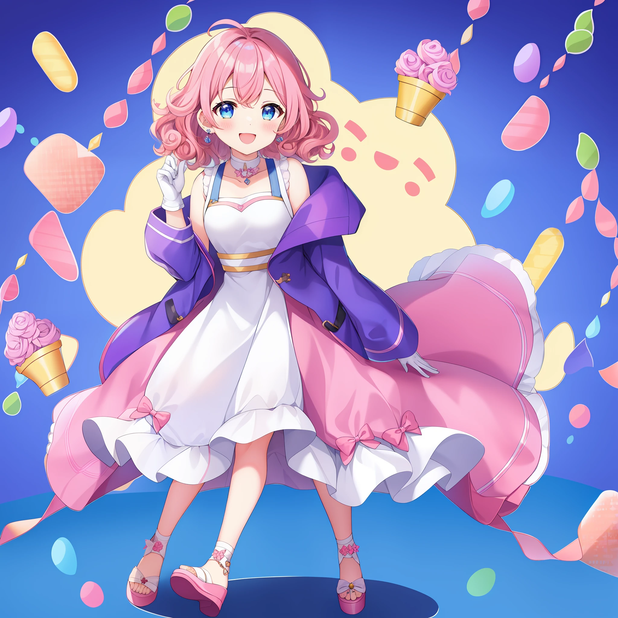 Emoji, simple background, 1 kulomi !!! , solo, full body, white skin, silhouette, laugh, happy, standing, friendly emotion, (pink hair), curly hair, blue eyes, short hair, blue jacket, white gloves, purple left earring