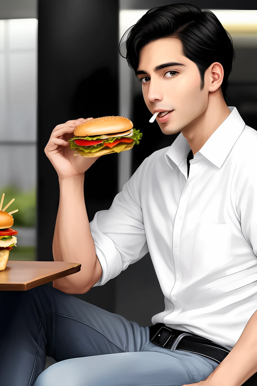 realistic style, 32 years old young man, black hair, white skin tone, no beard with smooth face, eating hamburger