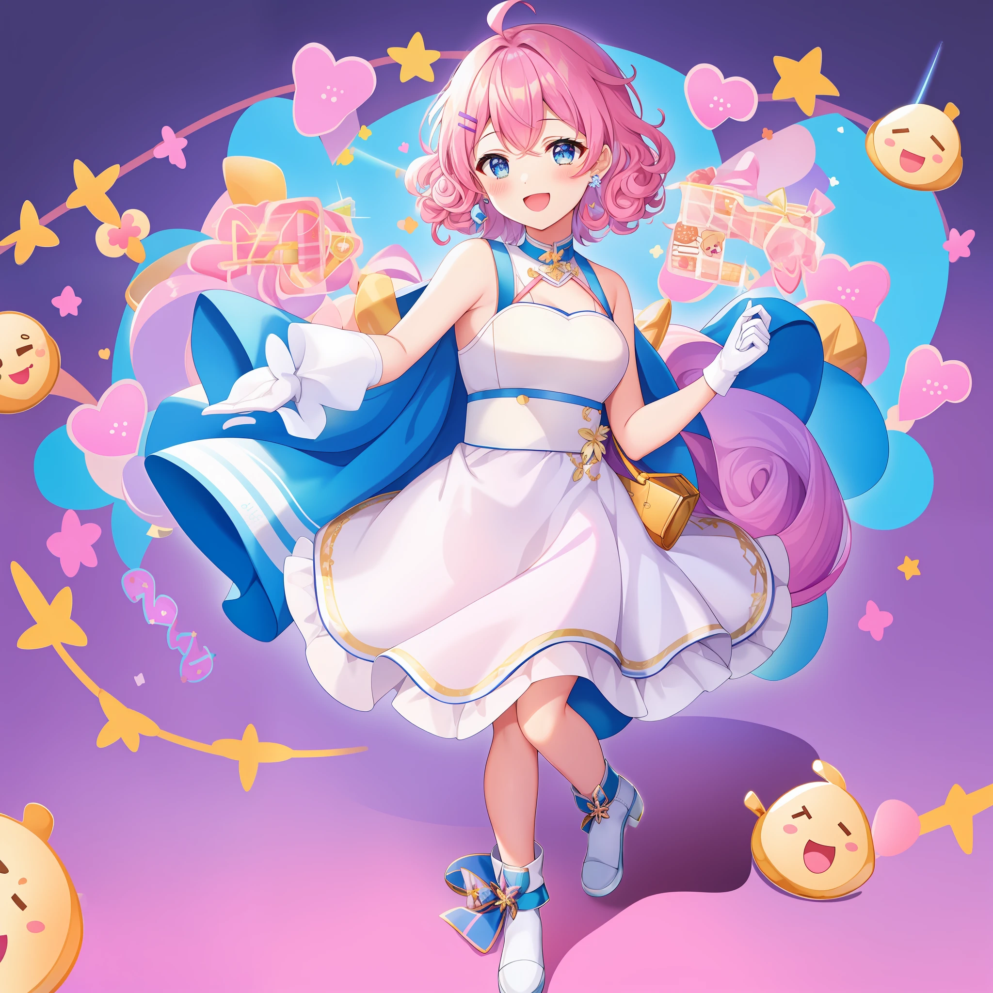 Emoji, simple background, 1 kulomi !!! , solo, full body, white skin, silhouette, laugh, happy, standing, friendly emotion, (pink hair), curly hair, blue eyes, short hair, blue jacket, white gloves, purple left earring