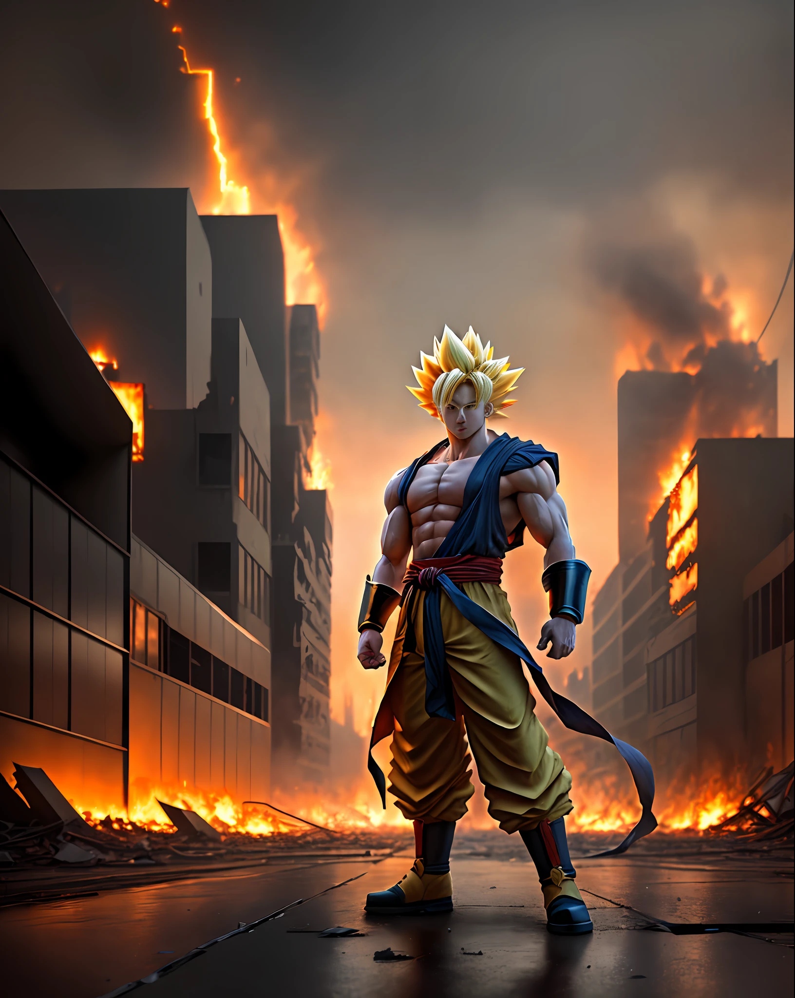 A (fusion of super sayajin 4) standing on a street of a destroyed city, fire, dust everywhere, destruction, epic image in best possible resolution, 8k, ultra detailed, very realistic, depth of field, a work of art, --style Fantasy --