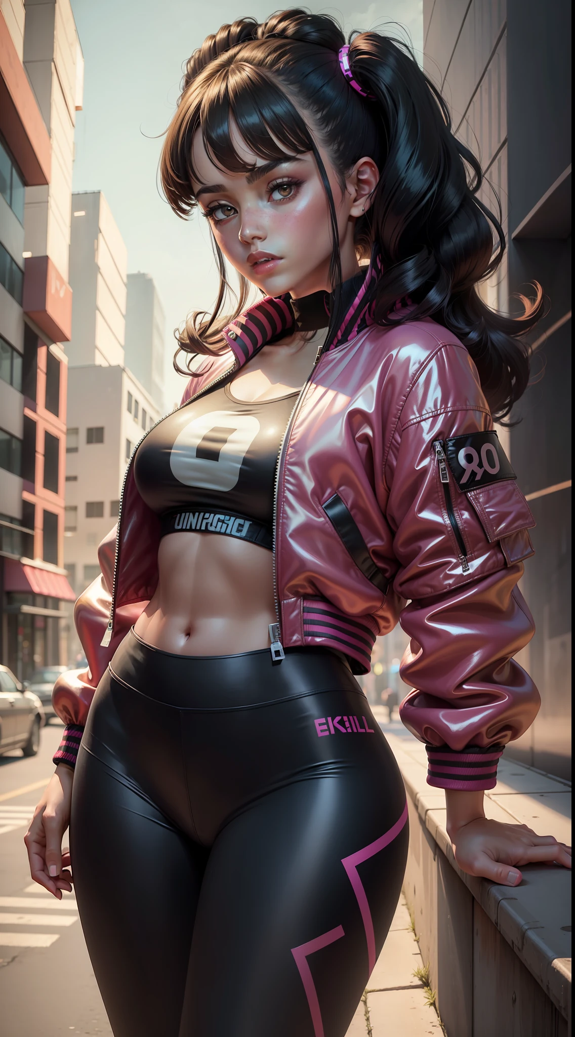 1girl, young, ((leggings, retro bomber jacket 80s)), solo, official art, unity 8k wallpaper, ultra detailed, beautiful and aesthetic, masterpiece,best quality, glowing skin, the most beautiful form of chaos, elegant, a brutalist designed, vivid colours, romanticism, ((fairytaleai)),