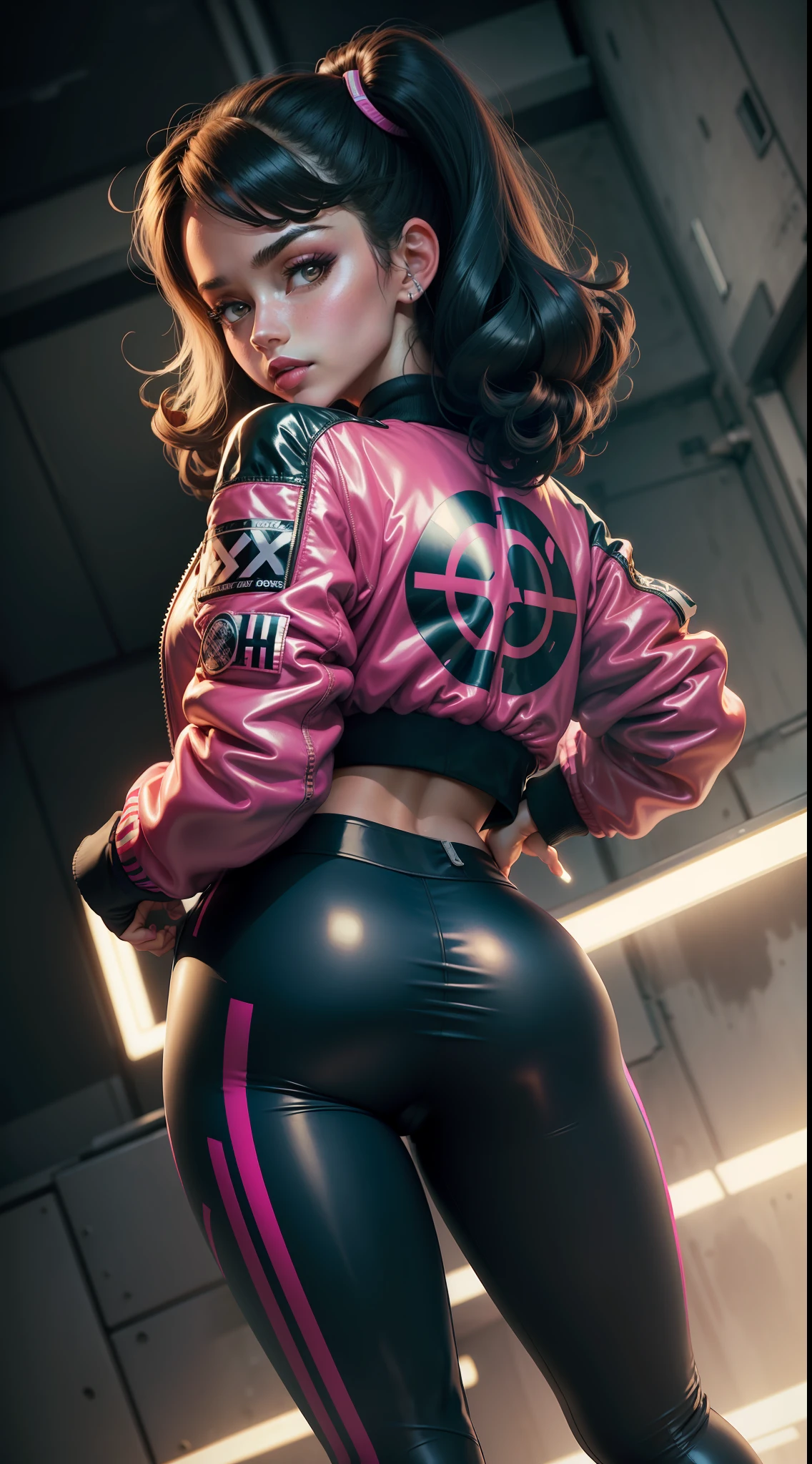 1girl, young, ((leggings, retro bomber jacket 80s)), solo, official art, unity 8k wallpaper, ultra detailed, perfect hands, 4x ultrasharp, beautiful and aesthetic, masterpiece,best quality, glowing skin, the most beautiful form of chaos, elegant, a brutalist designed, vivid colours, romanticism, ((fairytaleai)),