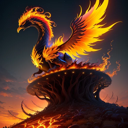 anthill with glowing phoenix sitting on top, fantasy, 4k high-quality realistic
