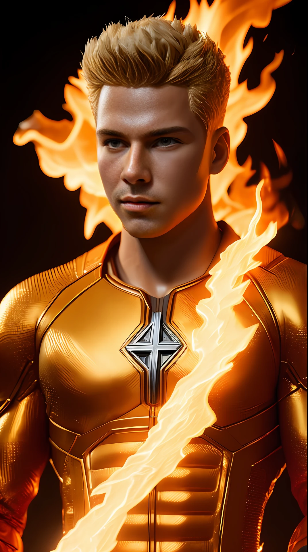 Cinematic soft lighting illuminates a stunningly detailed and ultra-realistic Johnny Storm is Human Torch of the Fantastic Four that is trending on ArtStation. Octane is the perfect tool to capture the softest details of this 16k photography masterpiece