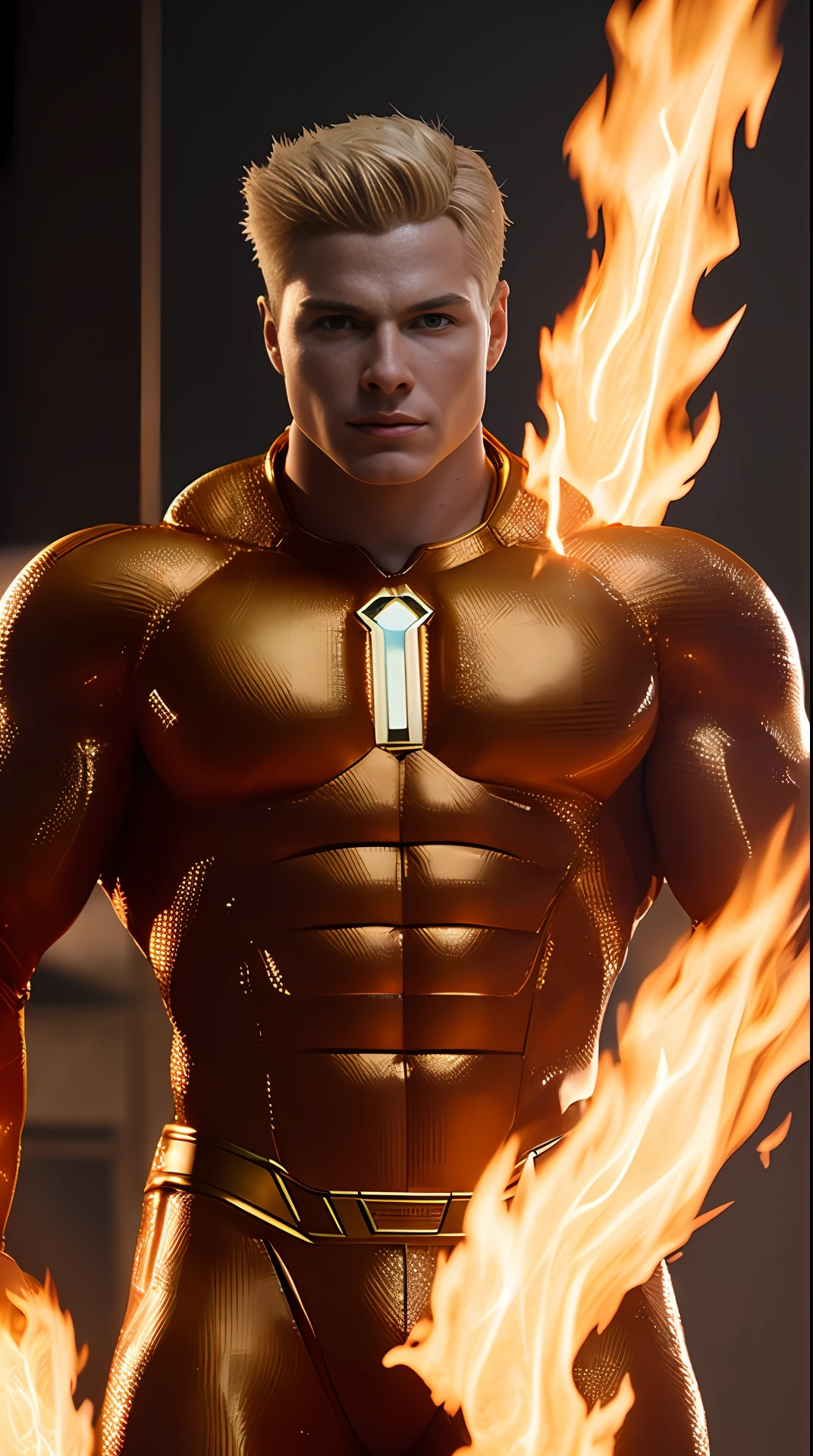 Cinematic soft lighting illuminates a stunningly detailed and ultra-realistic Johnny Storm is Human Torch of the Fantastic Four bodybuilder, muscular that is trending on ArtStation. Octane is the perfect tool to capture the softest details of this 16k photography masterpiece