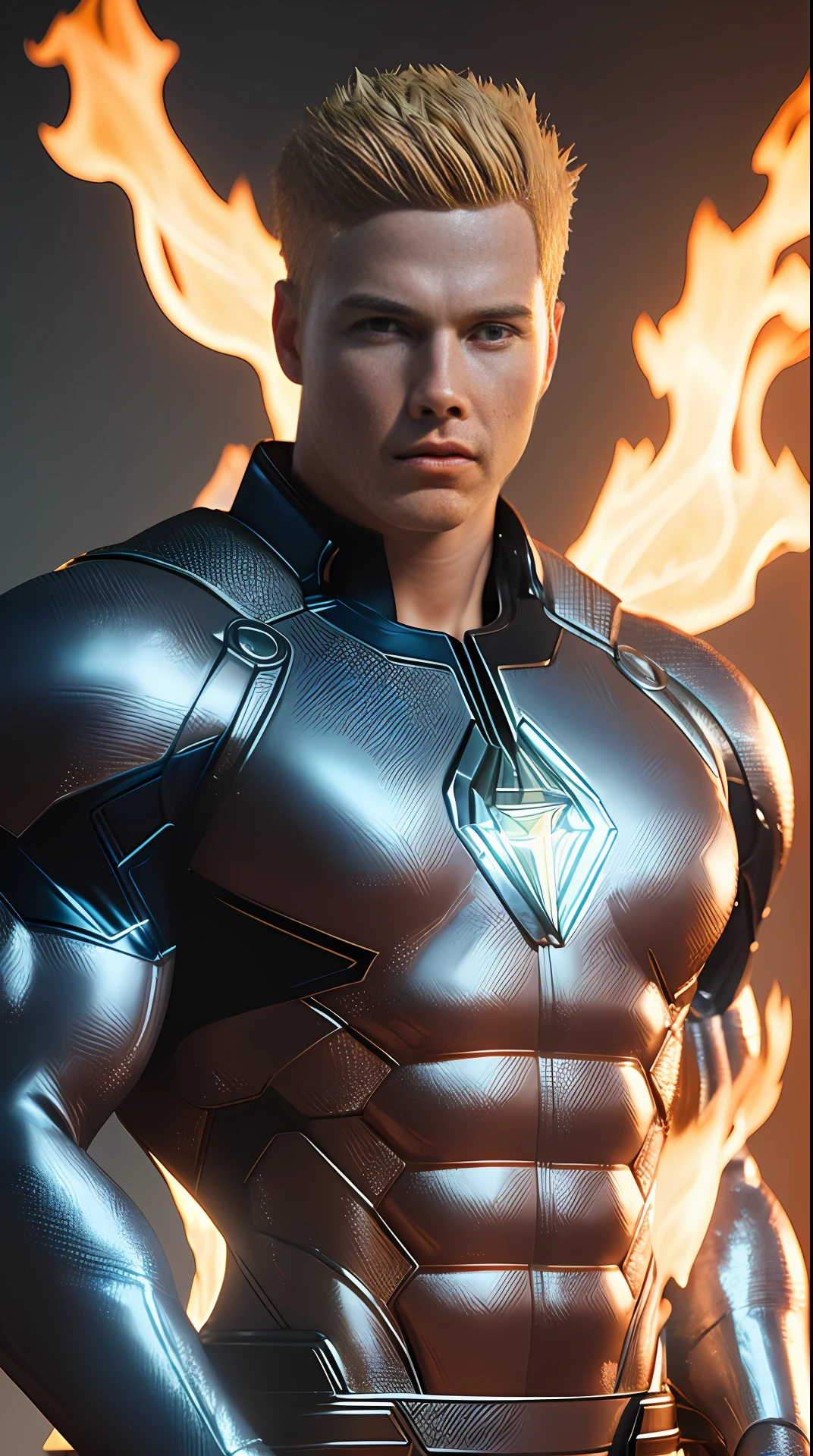 Cinematic soft lighting illuminates a stunningly detailed and ultra-realistic Johnny Storm is Human Torch of the Fantastic Four, blue uniform, bodybuilder, muscular that is trending on ArtStation. Octane is the perfect tool to capture the softest details of this 16k photography masterpiece