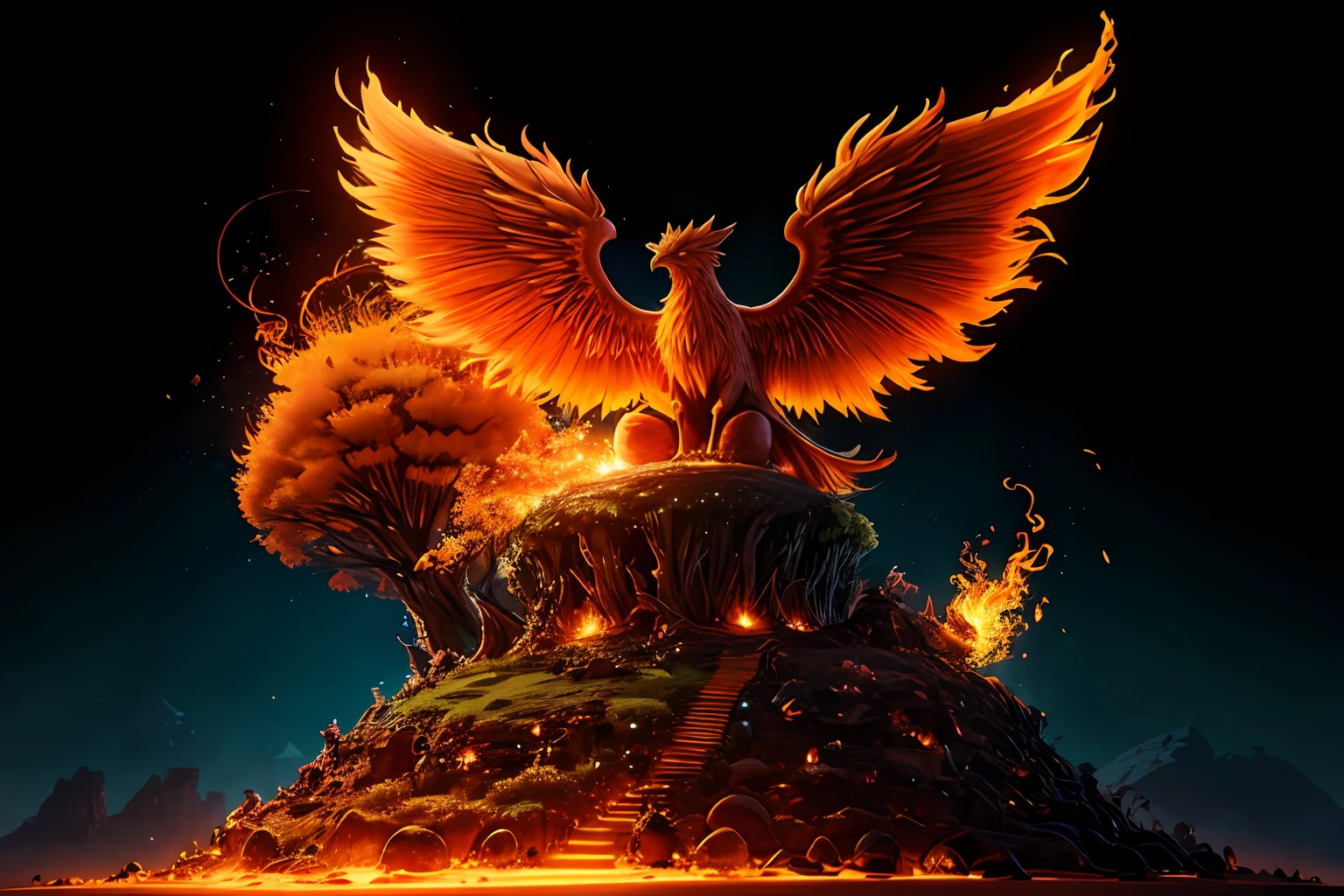 anthill with glowing phoenix sitting on top, fantasy, 4k high-quality realistic