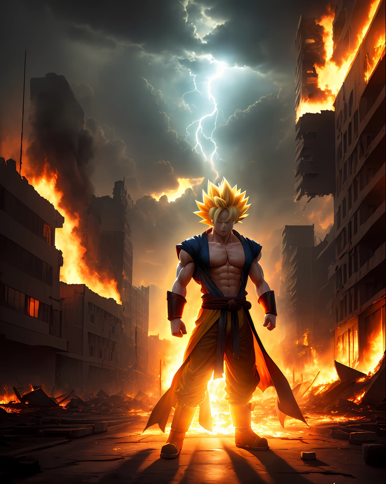 A (fusion of super sayajin 4) standing on a street of a destroyed city, ki around the body and rays coming out, fire, dust everywhere, destruction, epic image in the best possible resolution, 8k, very realistic, depth of field, a work of art, fantasy style