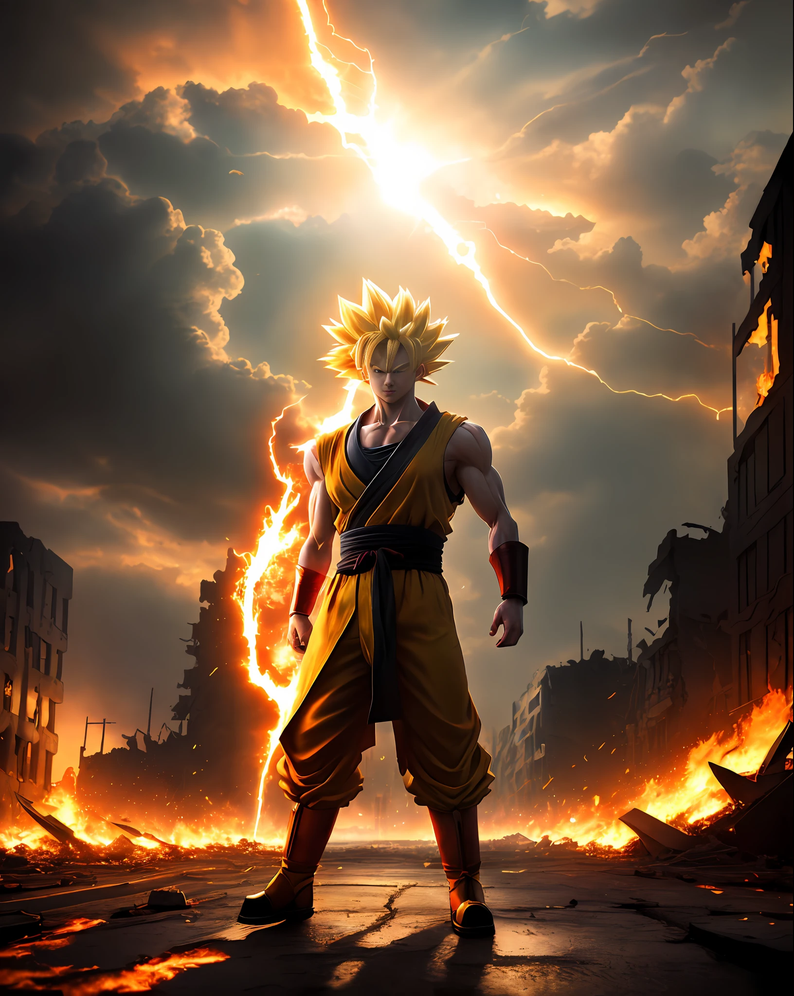 A (fusion of super sayajin 4) standing on a street of a destroyed city, ki around the body and rays coming out, fire, dust everywhere, destruction, epic image in the best possible resolution, 8k, very realistic, depth of field, a work of art, fantasy style