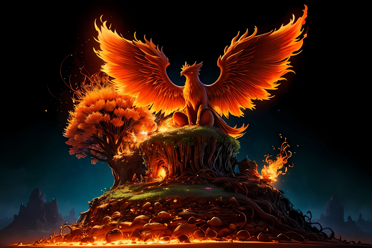 anthill with glowing phoenix sitting on top, fantasy, 4k high-quality realistic