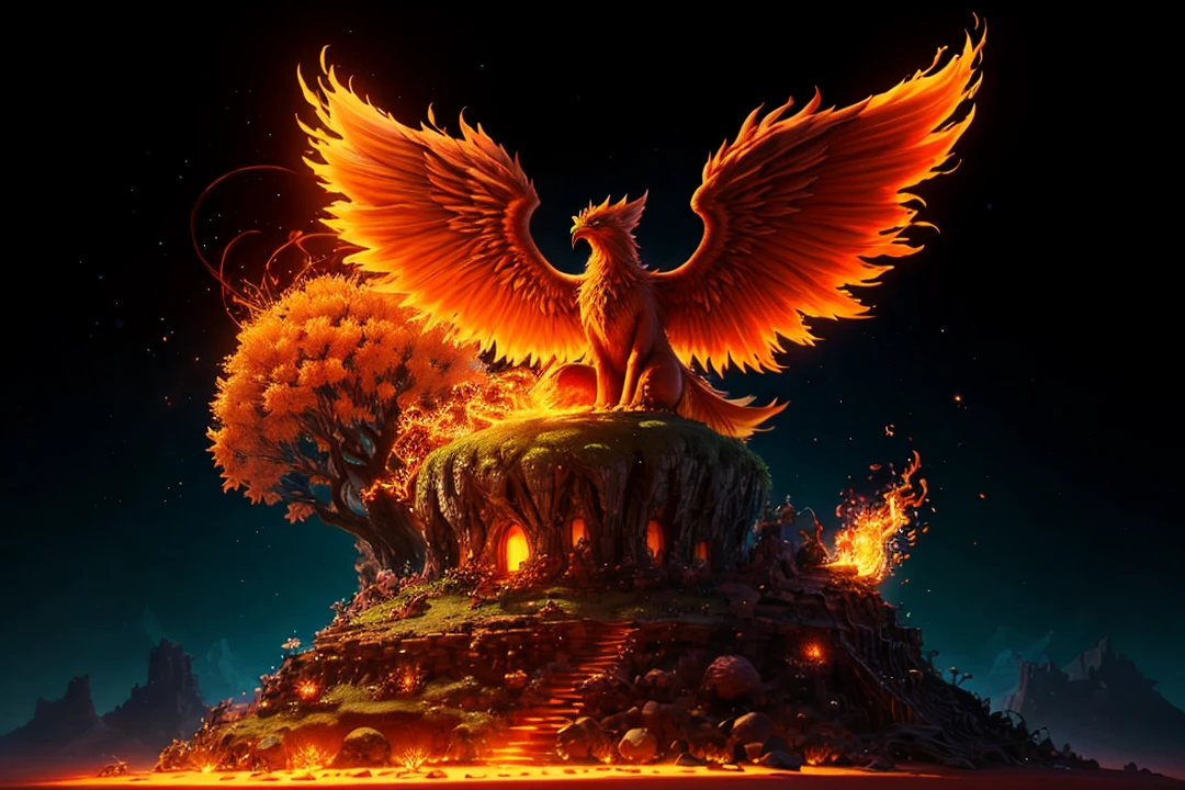 anthill with glowing phoenix sitting on top, fantasy, 4k high-quality realistic