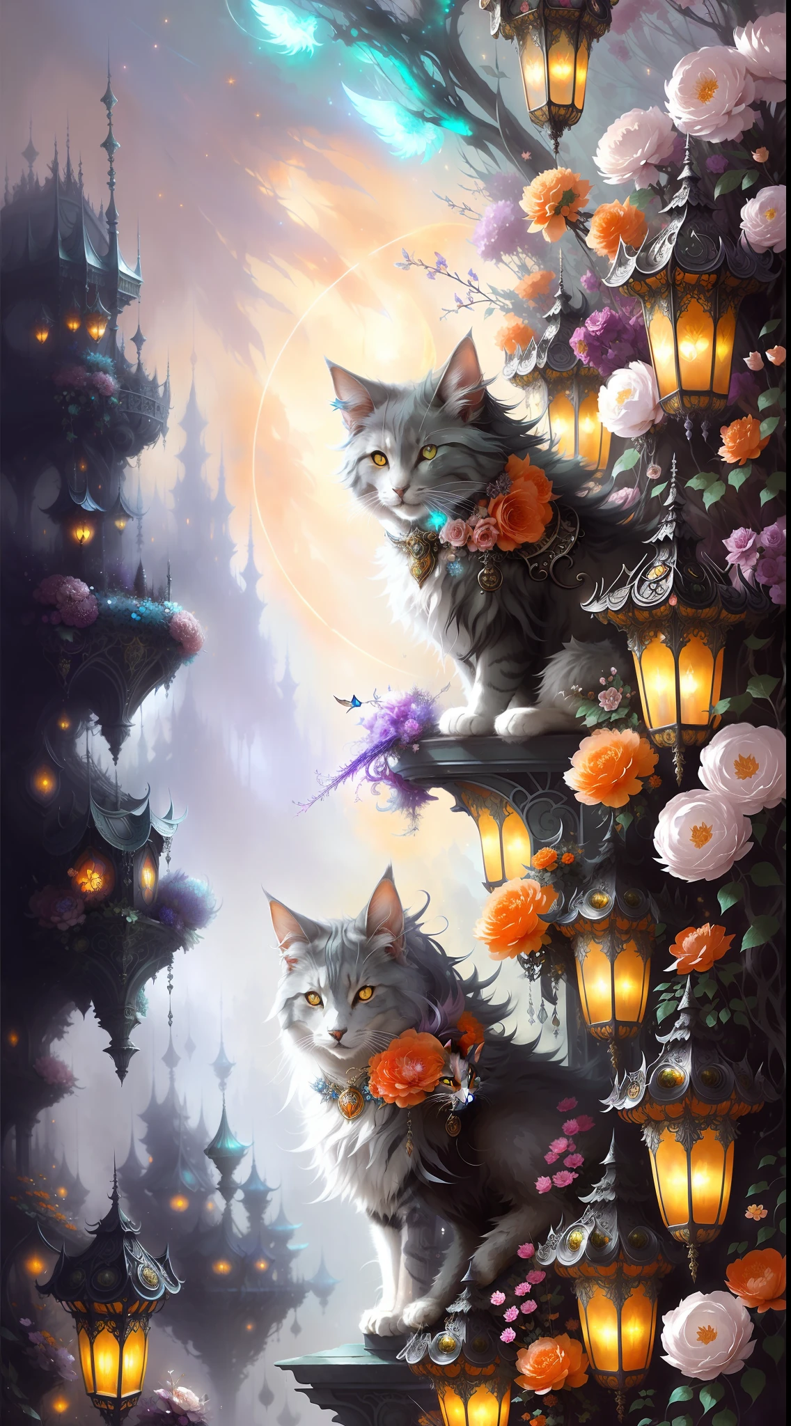 Full image, Fantastic Fantasy Cat Adorned in Fractal Flowers, Jewels and Lights in Fantasy Garden, long fluffy silver hair in Cyan, Gray and Orange, artem demura** Wadim Kashin** Ryohei Hase** Craig Davison** Raymond Swanland** Bastien Lecouffe-Deharme**