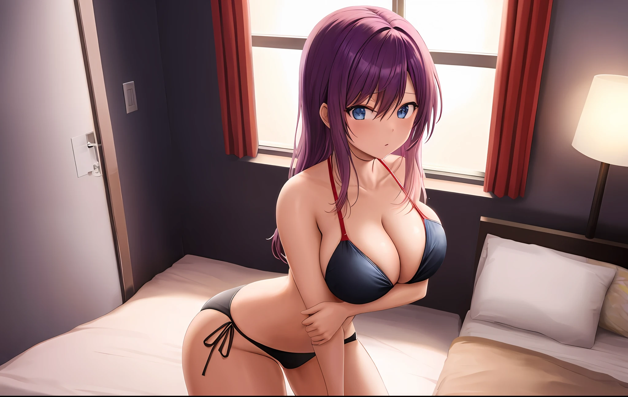 Hot anime girl, bikini, cleavage, breasts, thong, hot, standing in bedroom, bedroom