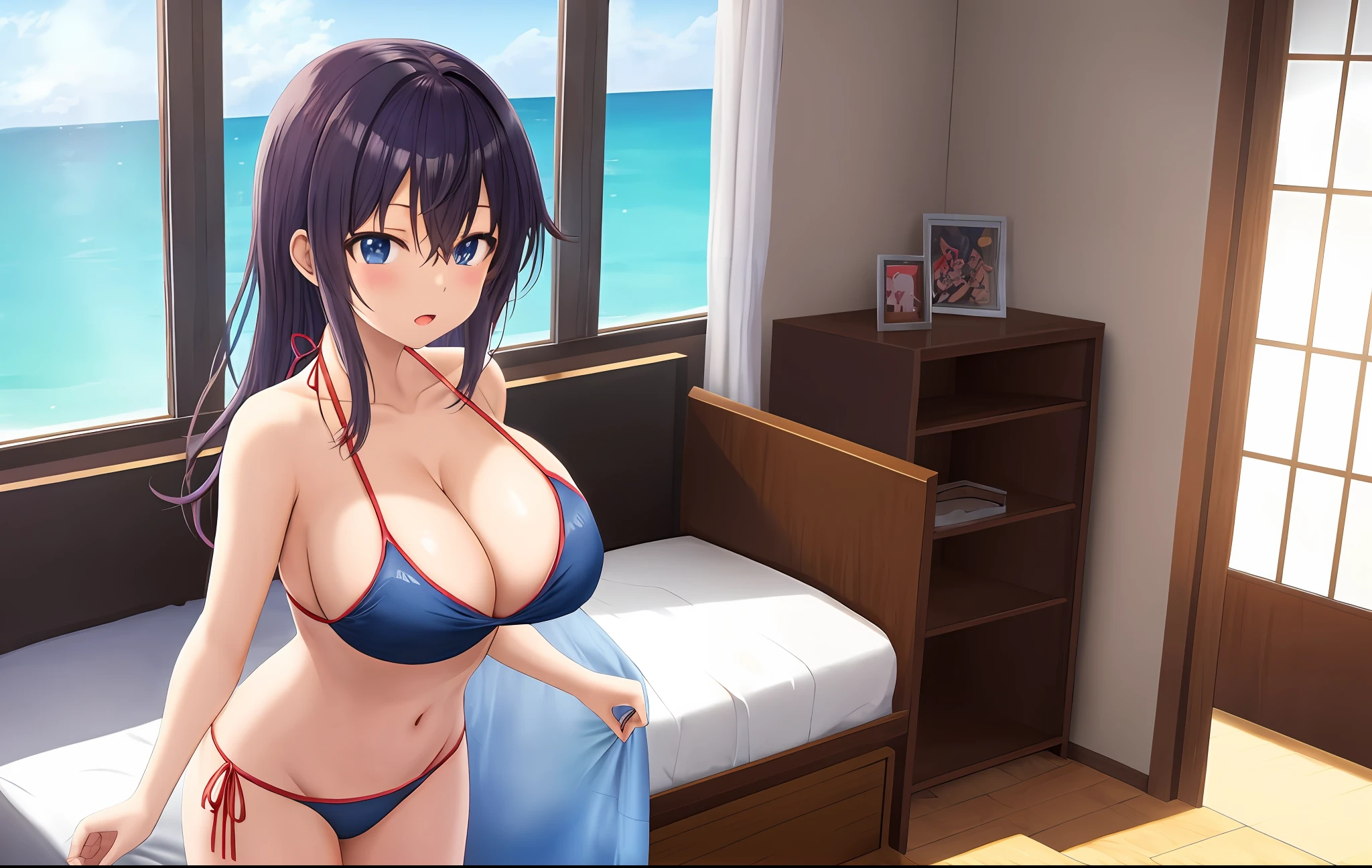 Hot anime girl, bikini, cleavage, breasts, thong, hot, standing in bedroom, bedroom