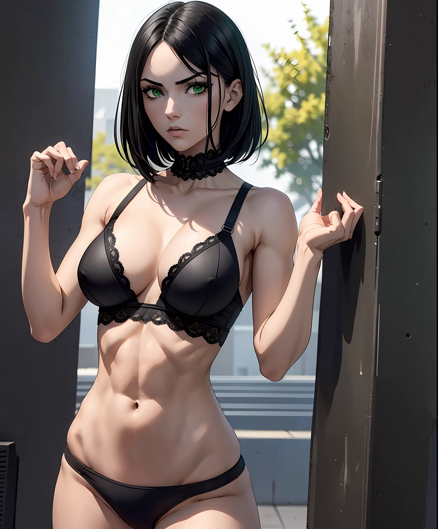 a goth, pretty face, serious face, short black hair, green eyes, perfect body, fit body, abdomen, big breasts, muscular, small black thong