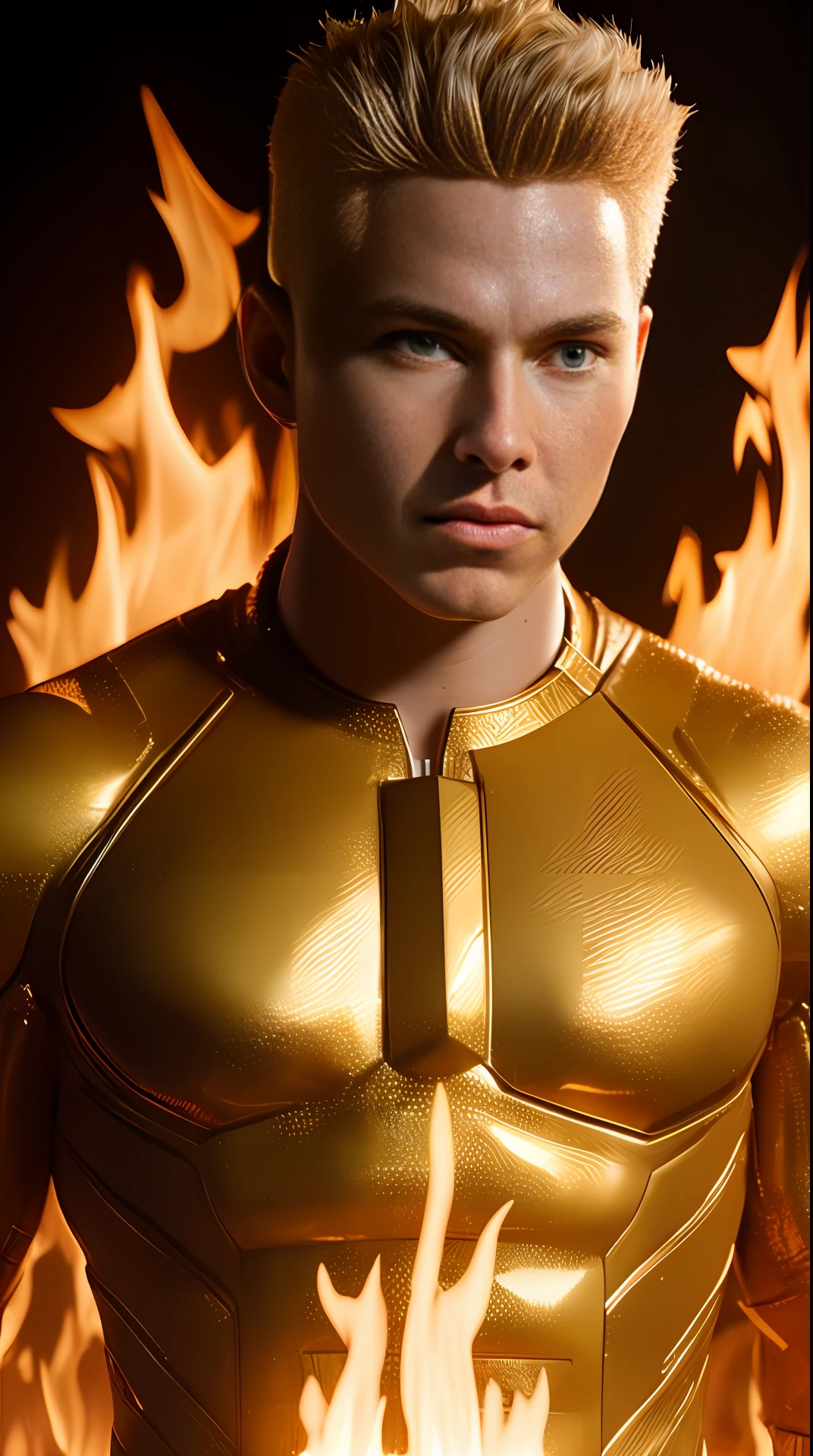 Cinematic soft lighting illuminates a stunningly detailed and ultra-realistic Johnny Storm is Human Torch of the Fantastic Four that is trending on ArtStation. Octane is the perfect tool to capture the softest details of this 16k photography masterpiece