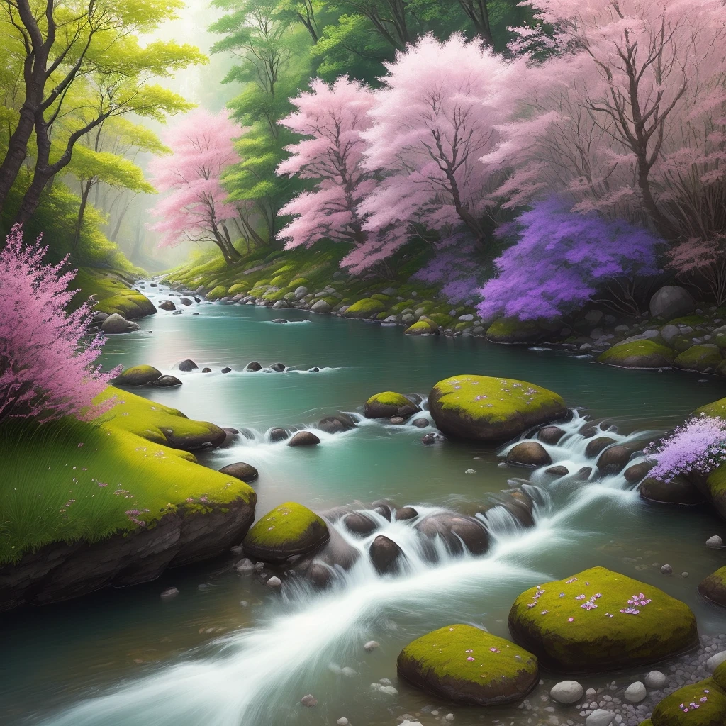 "Please create a realistic image of a forest with beautiful flowering ipês in its various colors. Include purple, yellow, white and pink ipês. Next to the ipês, draw a beautiful stream with its wide and flowering edges, with stones and small wild flowers. Ensure that the image conveys the serenity and beauty of nature, with vivid colors and natural details. The main focus should be on the ipês and the creek, capturing the harmony and tranquil atmosphere of the scenery."