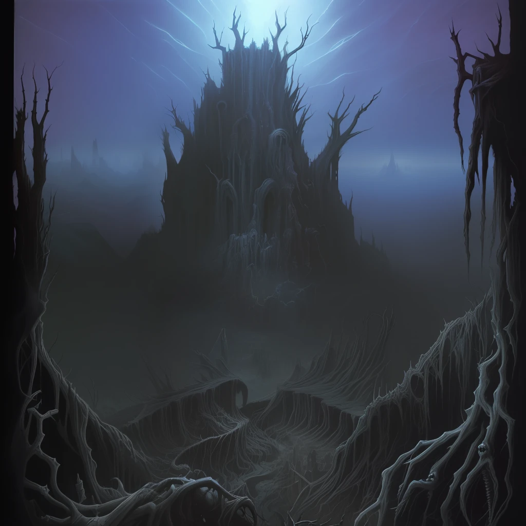 view from the top of peak, futurist dark valley in ruin, evil creatures, cosmic horror, abyss view, madness, thorns, spiked walls. Creepy illustration, Horror art, hyperdetailed painting, color drawing, art by Derek Riggs and HR Giger